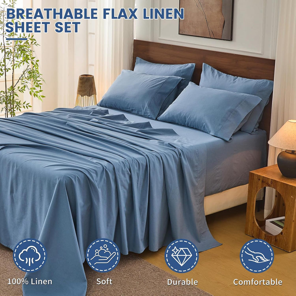 Bedlifes 100% French Linen Sheets California King Size 18-24' Extra Deep Pocket 4-Piece Set Breathable & Moisture-Wicking,Soft & Durable Sheets for Thick Mattresses(Flint Blue)