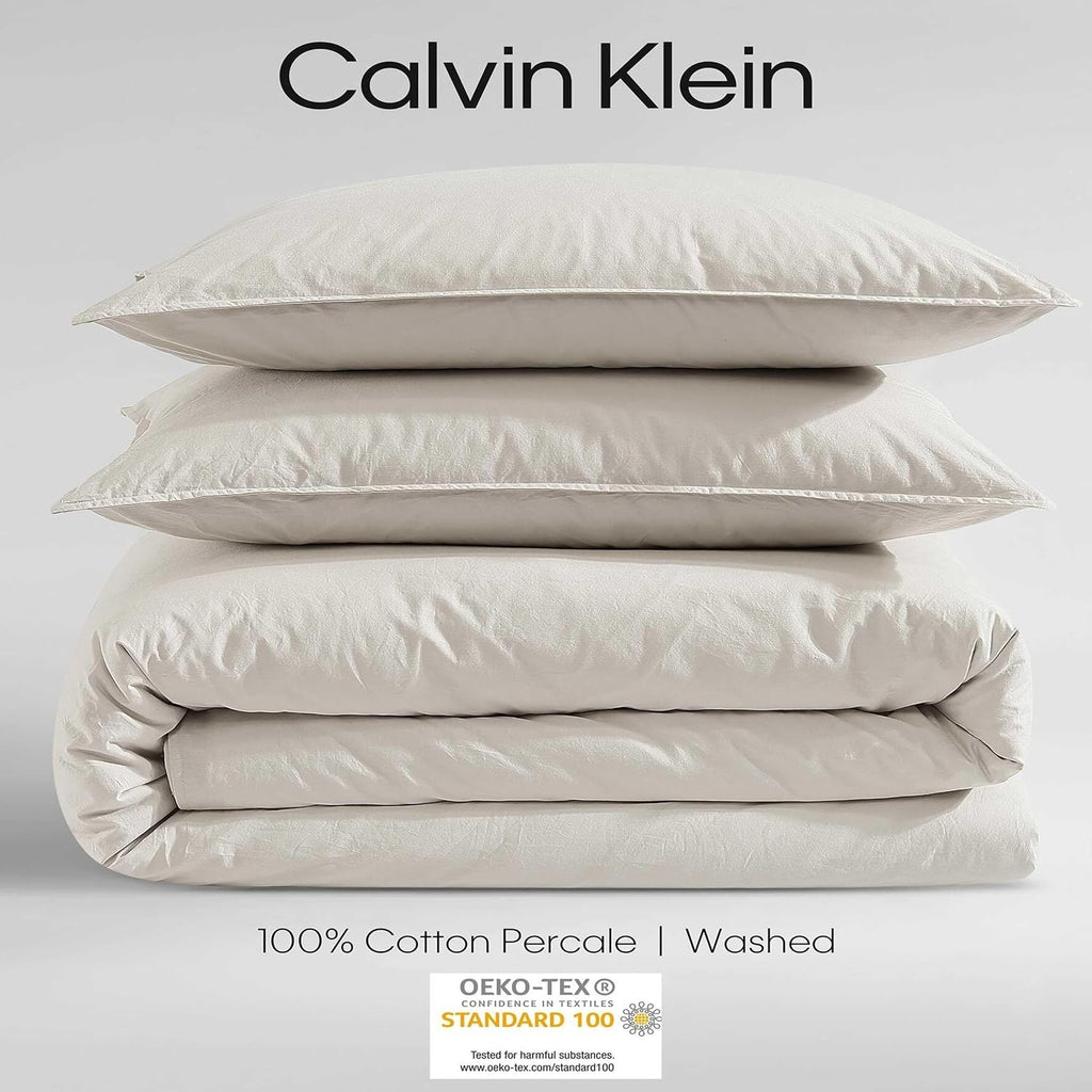 Calvin Klein - Twin/Twin XL Comforter Set, Modern Cotton Washed Percale Bedding with Matching Shams, Oeko-Tex Certified (Washed Percale Beige, Twin/Twin XL)