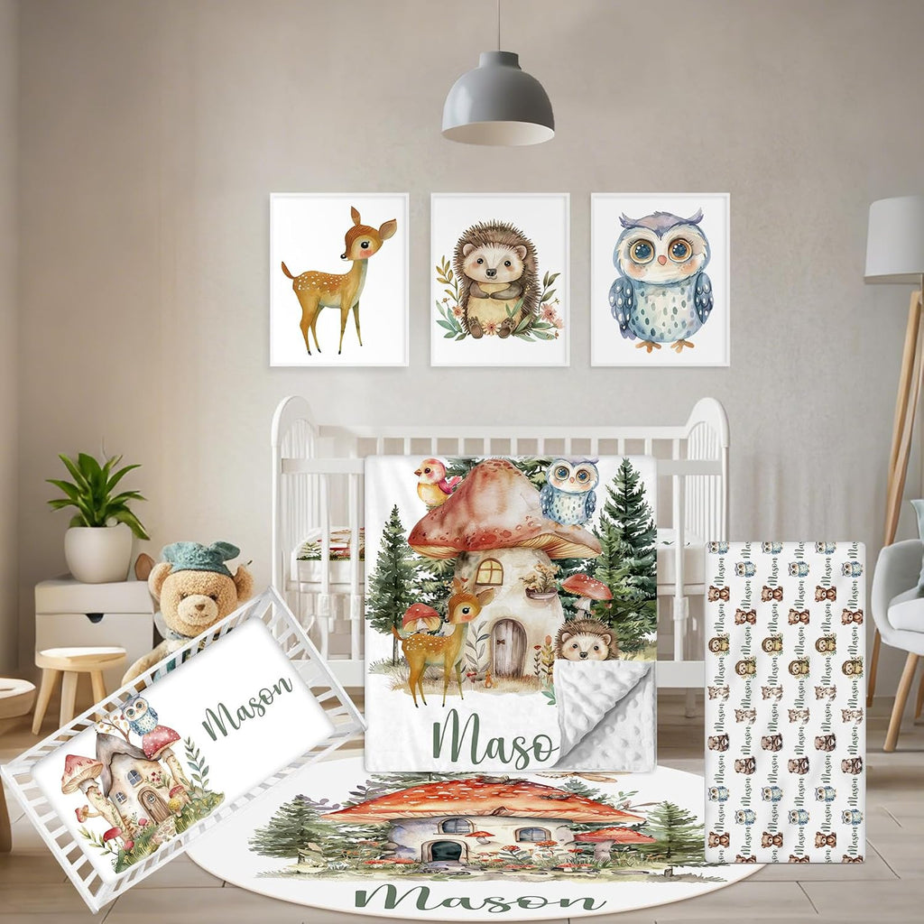 Terwex Personalized Baby Crib Bedding Set, 5 Pcs Custom Name Nursery Bedding Set, Mushroom Red