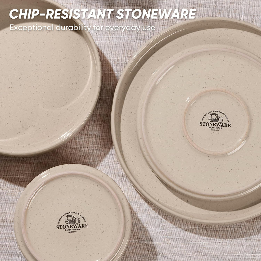 E-far Dinnerware Sets with Pasta Bowls, 24-Piece Stoneware Plates and Bowls Sets for 6 | Microwave & Dishwasher Safe Kitchen Modern Dish Set, Speckled Khaki