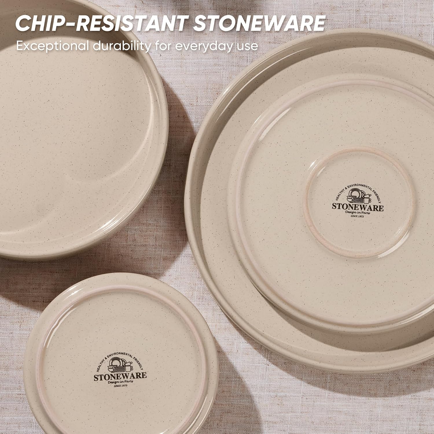 E-far Dinnerware Sets with Pasta Bowls, 24-Piece Stoneware Plates and Bowls Sets for 6 | Microwave & Dishwasher Safe Kitchen Modern Dish Set, Speckled Khaki