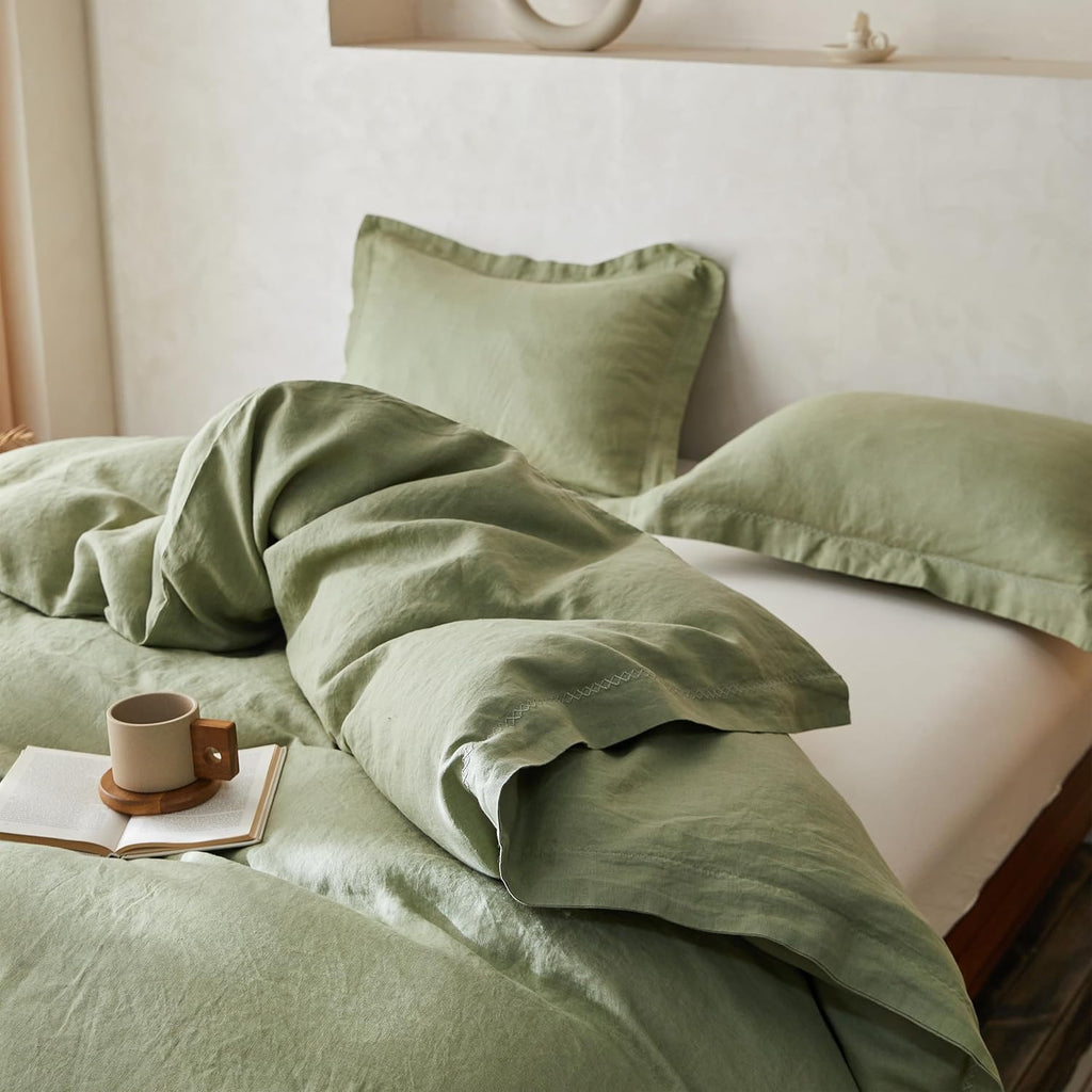 Simple&Opulence 100% Linen Duvet Cover Set with Crossed Embroidery Washed - 3 Pieces (1 Duvet Cover with 2 Pillow Shams) Soft Breathable Farmhouse - Sage Green, King Size
