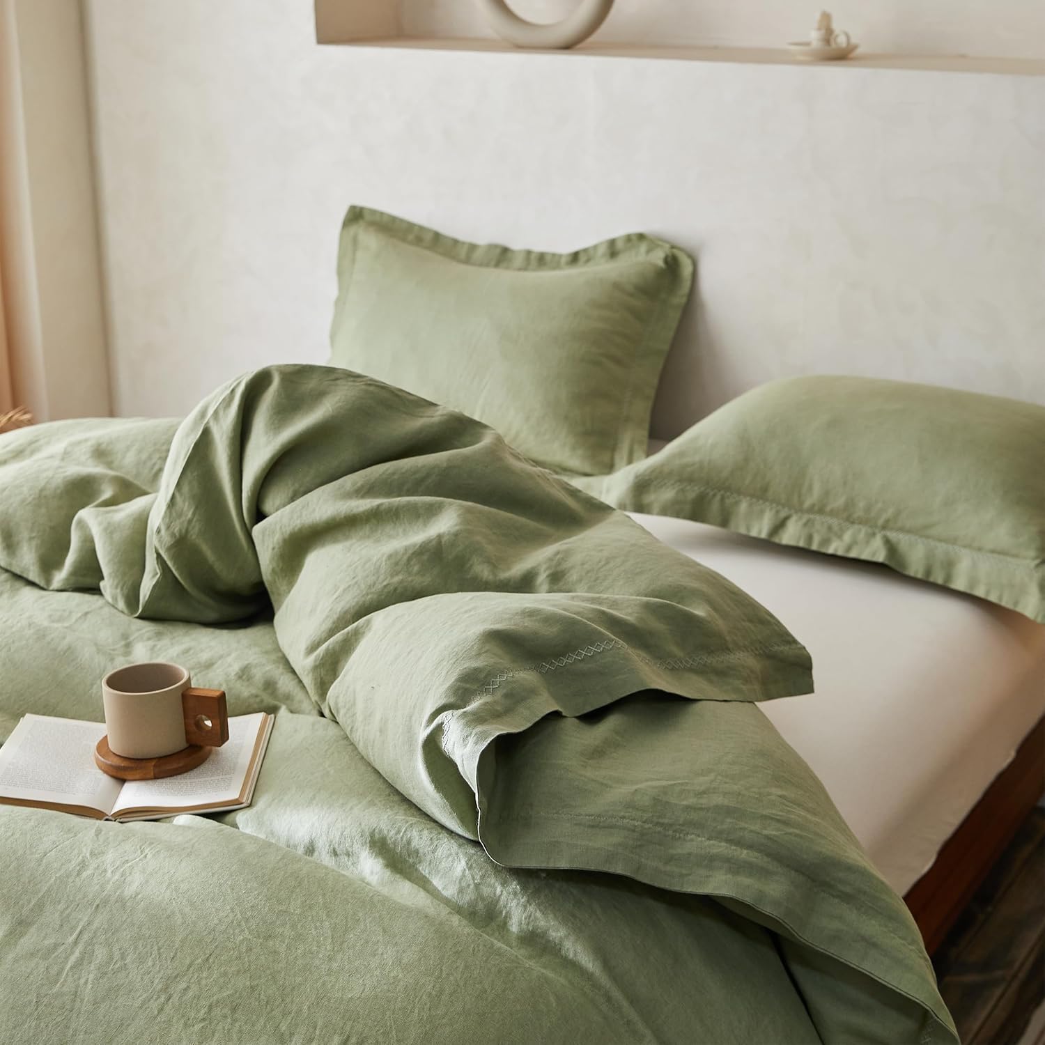 Simple&Opulence 100% Linen Duvet Cover Set with Crossed Embroidery Washed - 3 Pieces (1 Duvet Cover with 2 Pillow Shams) Soft Breathable Farmhouse - Sage Green, King Size