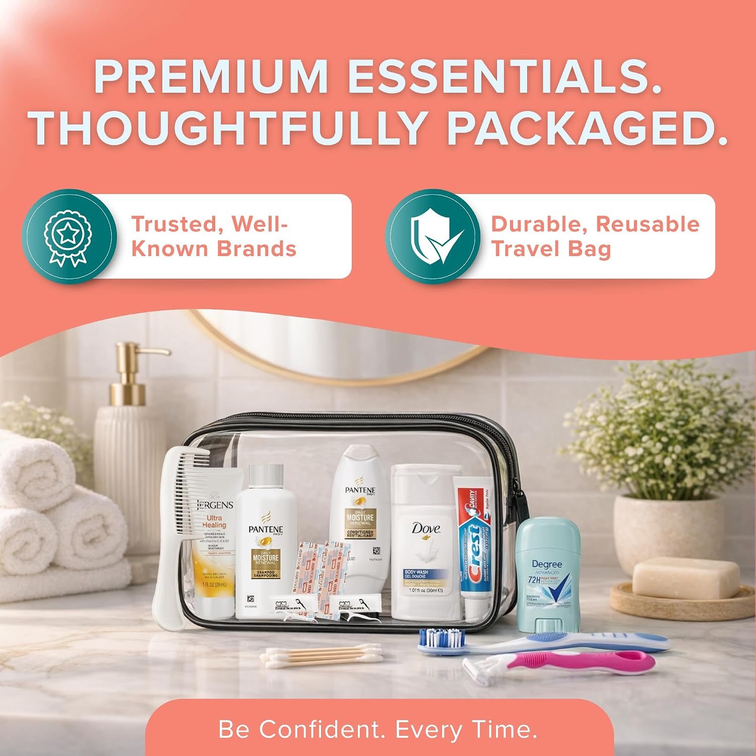 Bulk Women's Hygiene Kits 15 Piece Travel Toiletry Kit with Shampoo Conditioner Body Wash Lotion Deodorant Razor Toothbrush Toothpaste Comb Flossers Swabs Bandages Wipes