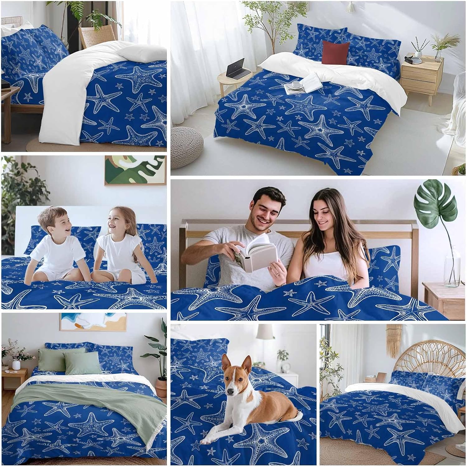 Summer Beach Blue Starfish Duvet Cover Set Queen Size 4 Pieces Modern Nautical Coastal Ocean Marine Life Bedding Set with Zipper Closure, 1 Comforter Cover 86x86 Inches 1 Flat Sheet & 2 Pillow Cases