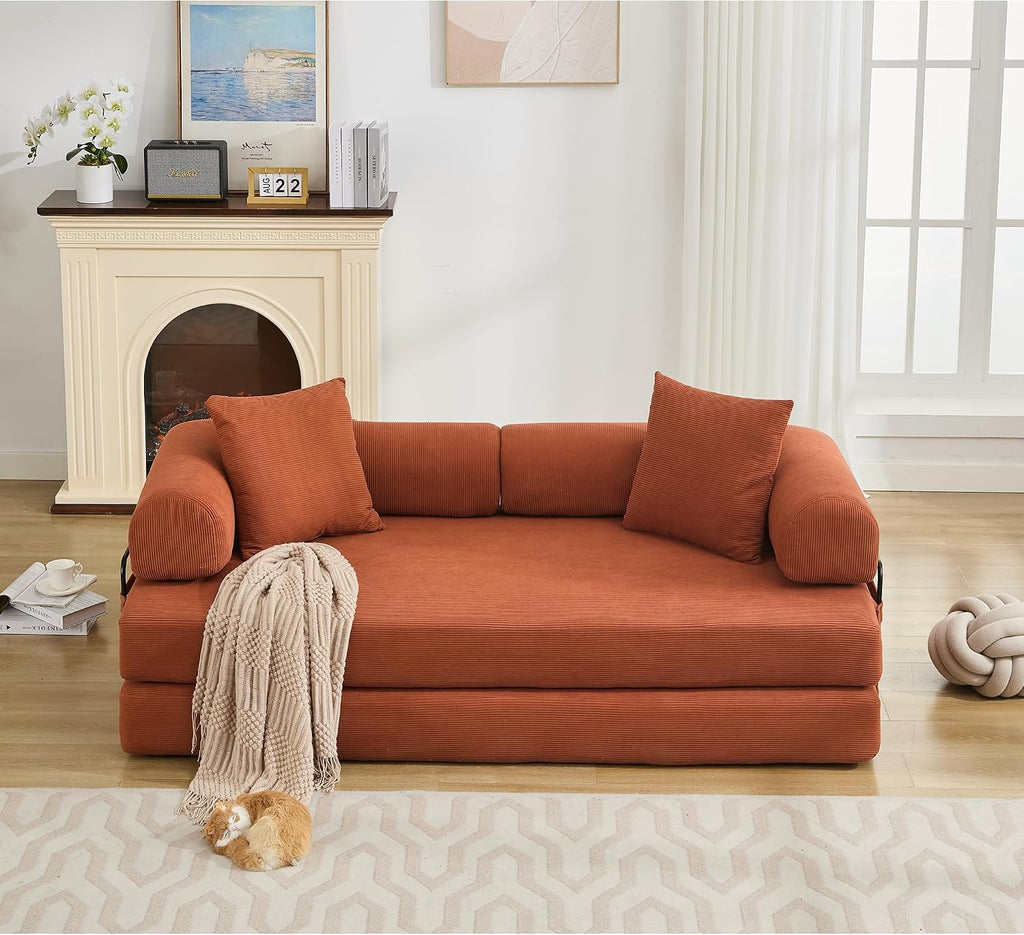 WILLIAMSPACE 78.5' Modern Loveseat Sofa Fold-Out Sofa Bed, Convertible Chair Floor Couch with Removable Backrest, Comfy King Size Sofa Bed for Living Room, Bedroom, Corduroy Fabric (Orange)