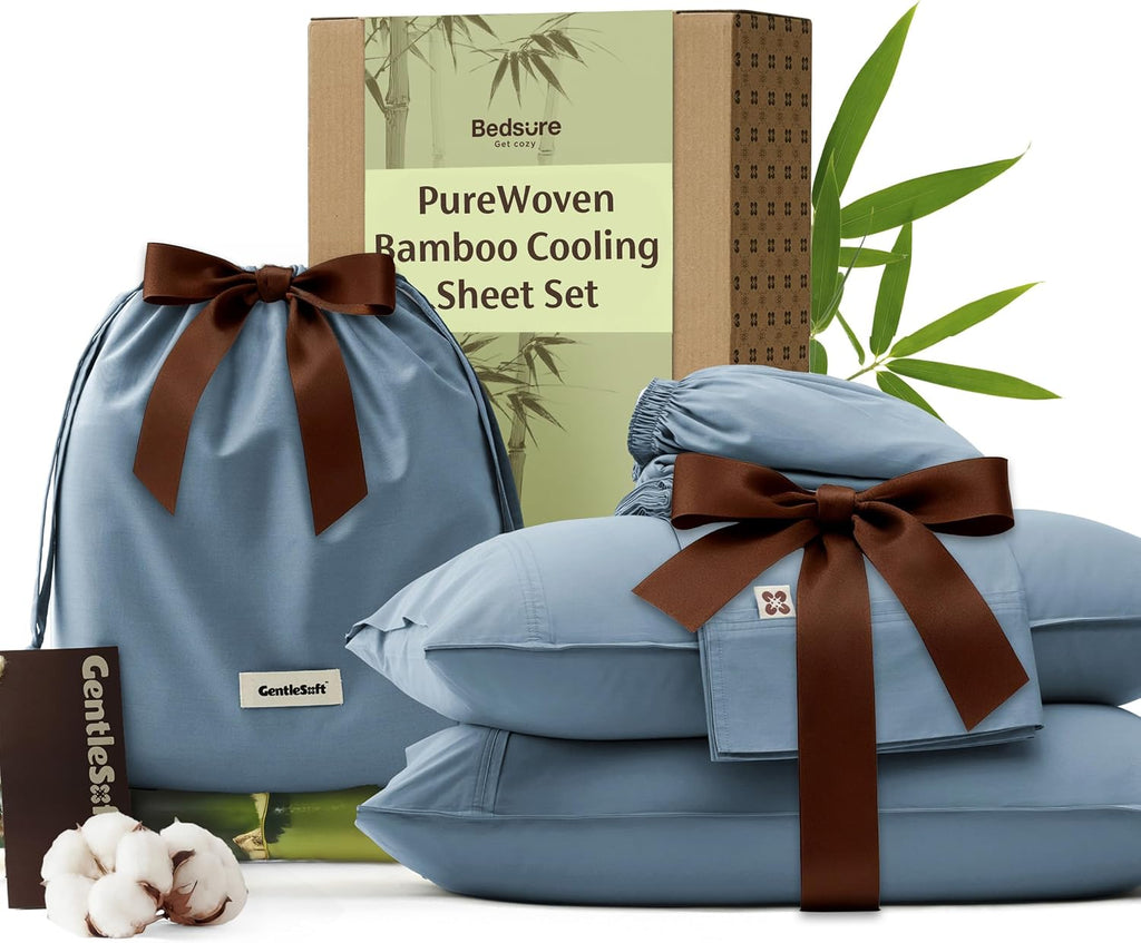 Bedsure Bamboo Viscose Cooling Sheets, Rayon Cotton Serene Blend, PureWoven, Breathable & Buttery Soft King Size Sheets Set, Deep Pocket Up to 18', Hotel Luxury Bedding for Hot Sleepers, Dusty Blue
