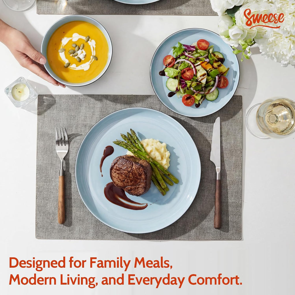 Sweese Porcelain Dinnerware Set of 6, Lightweight Round Plates and Bowls Set - Dishwasher, Microwave, Oven Safe, Scratch Resistant Dinner Sets, Kitchen Dishes Set, Black & Blue