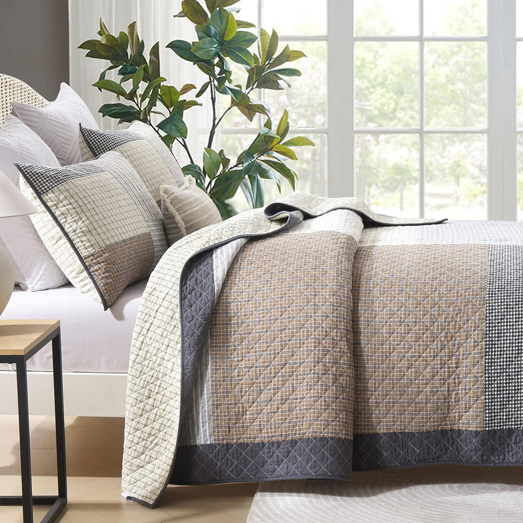 Quilts King Size - King Quilt Bedspread Sets, 100% Cotton Patchwork Quilt Bedding Set for King Bed, 3 Pieces Plaid Farmhouse Reversible Rustic Lightweight Comforter Spread, Brown/Beige/Gray