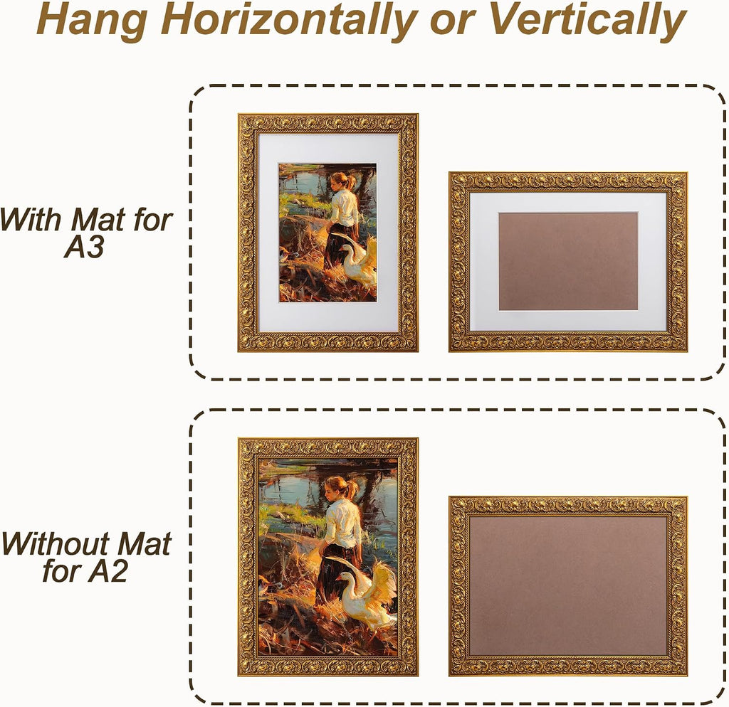 ArtXO A2 Picture Frame Wooden, Display Pictures A3 with Mat or A2 Without Mat, Wall Hanging Photo Frame, Vintage Poster Frame Gold