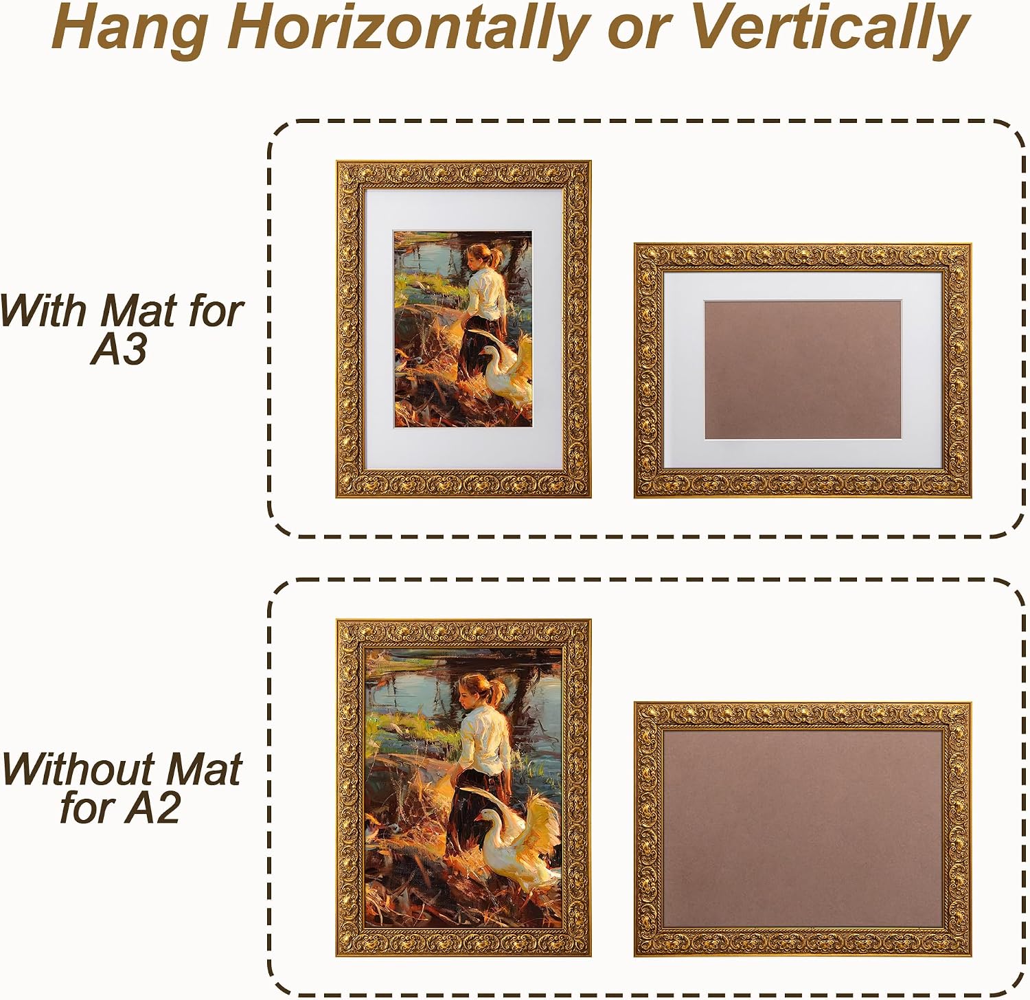 ArtXO A2 Picture Frame Wooden, Display Pictures A3 with Mat or A2 Without Mat, Wall Hanging Photo Frame, Vintage Poster Frame Gold