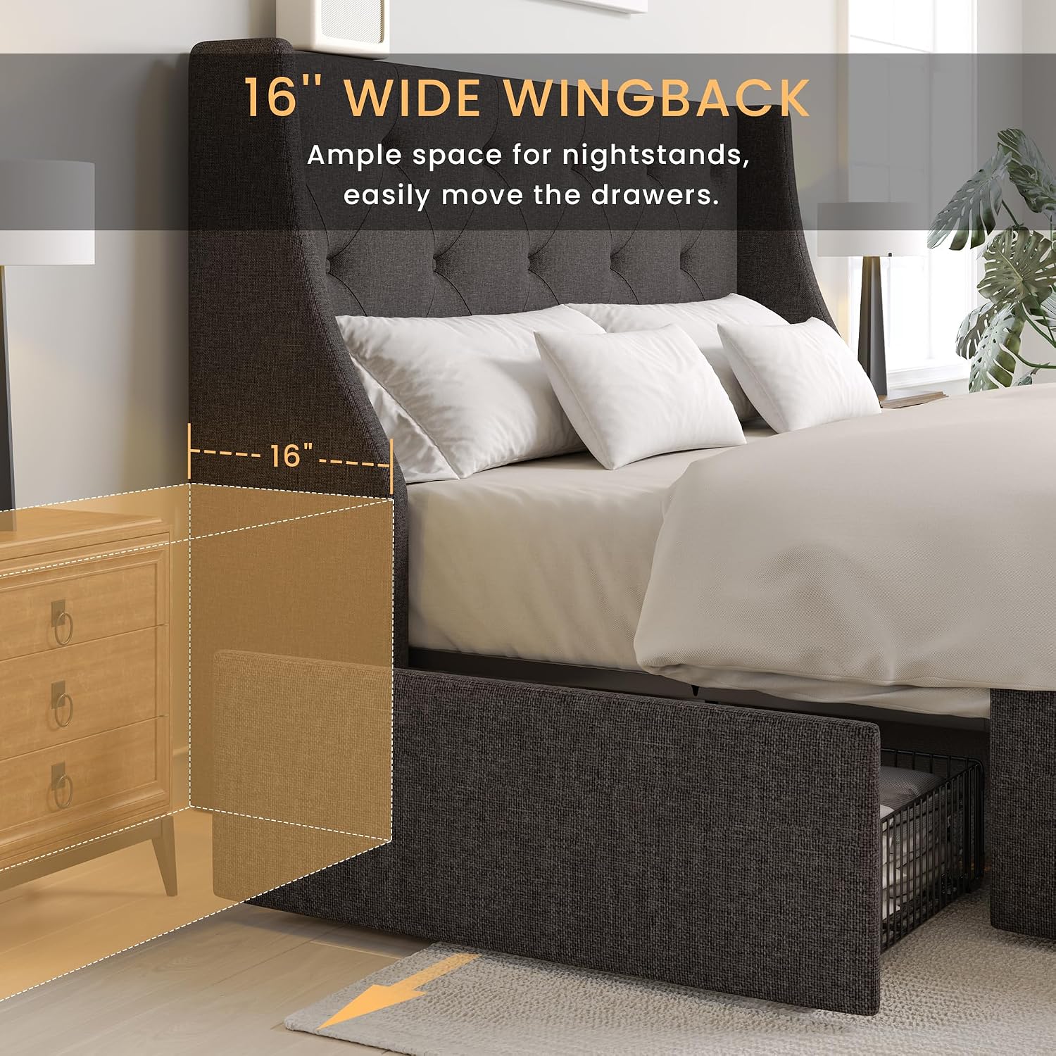 SHA CERLIN Queen Platform Upholstered Bed Frame with 4 Storage Drawers and Wingback Headboard, Diamond Stitched Button Tufted Design, No Box Spring Needed, Dark Grey