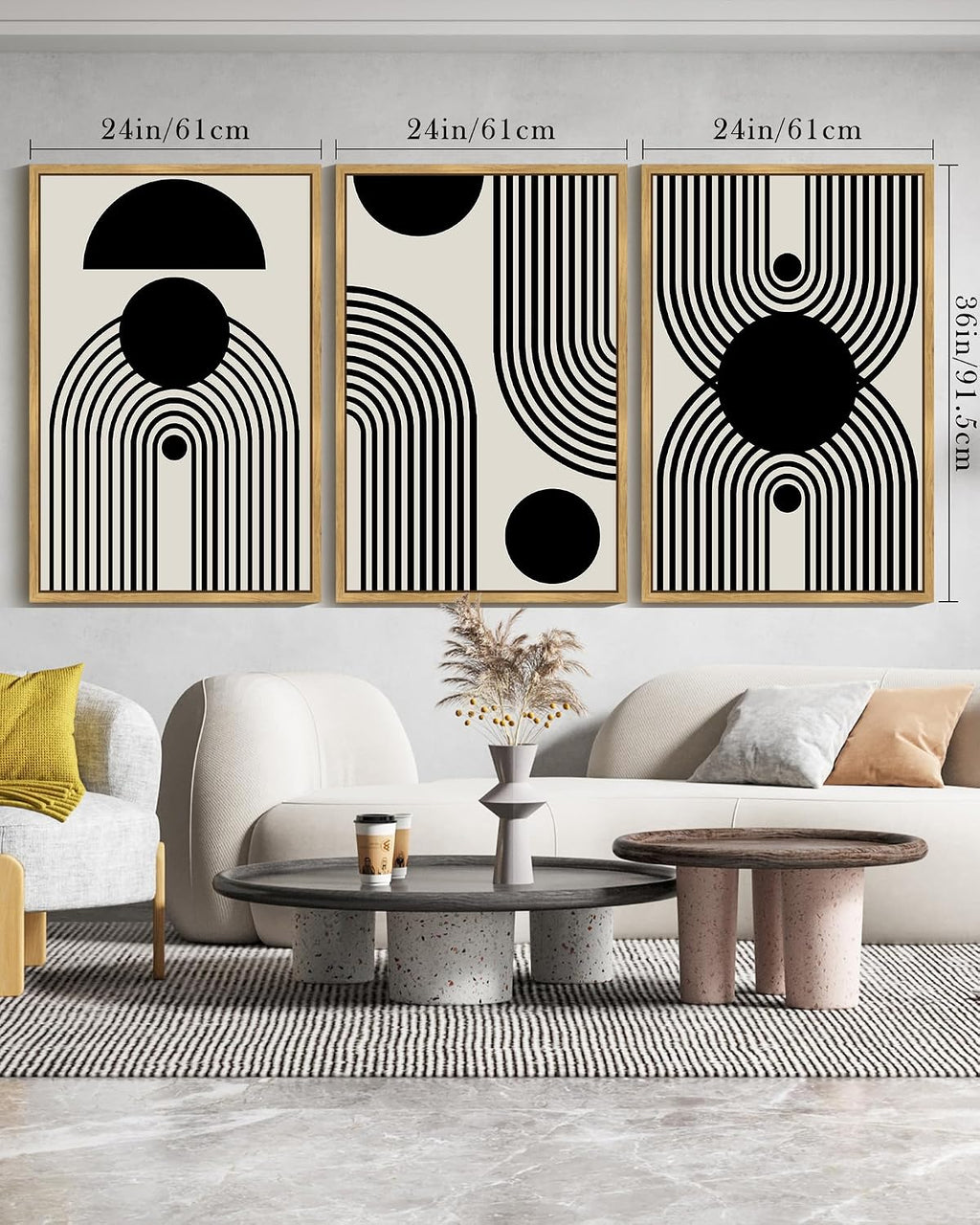 Drsoum Large 24x36in Black and White Abstract Framed Wall Art Decor Duotone Minimal Dark Brush Stroke Prints Shapes Illustrations Modern Art Decorative Ready To Hang - Natural Framed