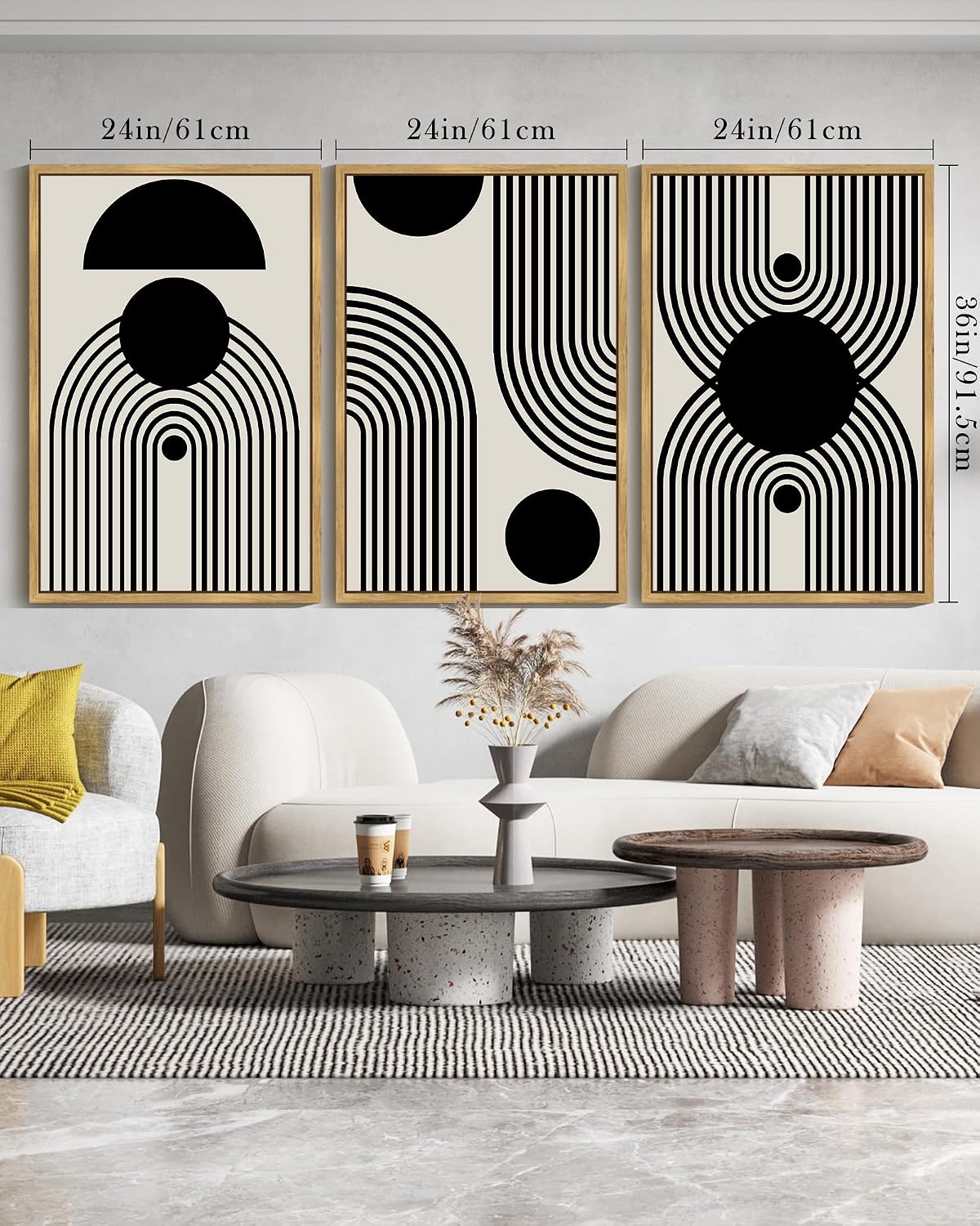 Drsoum Large 24x36in Black and White Abstract Framed Wall Art Decor Duotone Minimal Dark Brush Stroke Prints Shapes Illustrations Modern Art Decorative Ready To Hang - Natural Framed