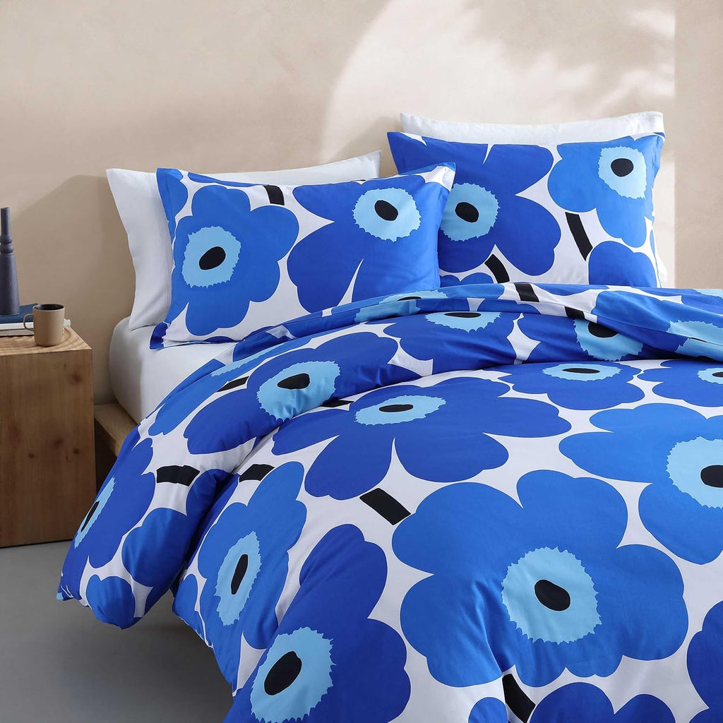 Marimekko - Full/Queen Duvet Cover Set, Cotton Percale Reversible Bedding with Matching Shams, Floral Home Decor (Unikko Blue, Full/Queen)