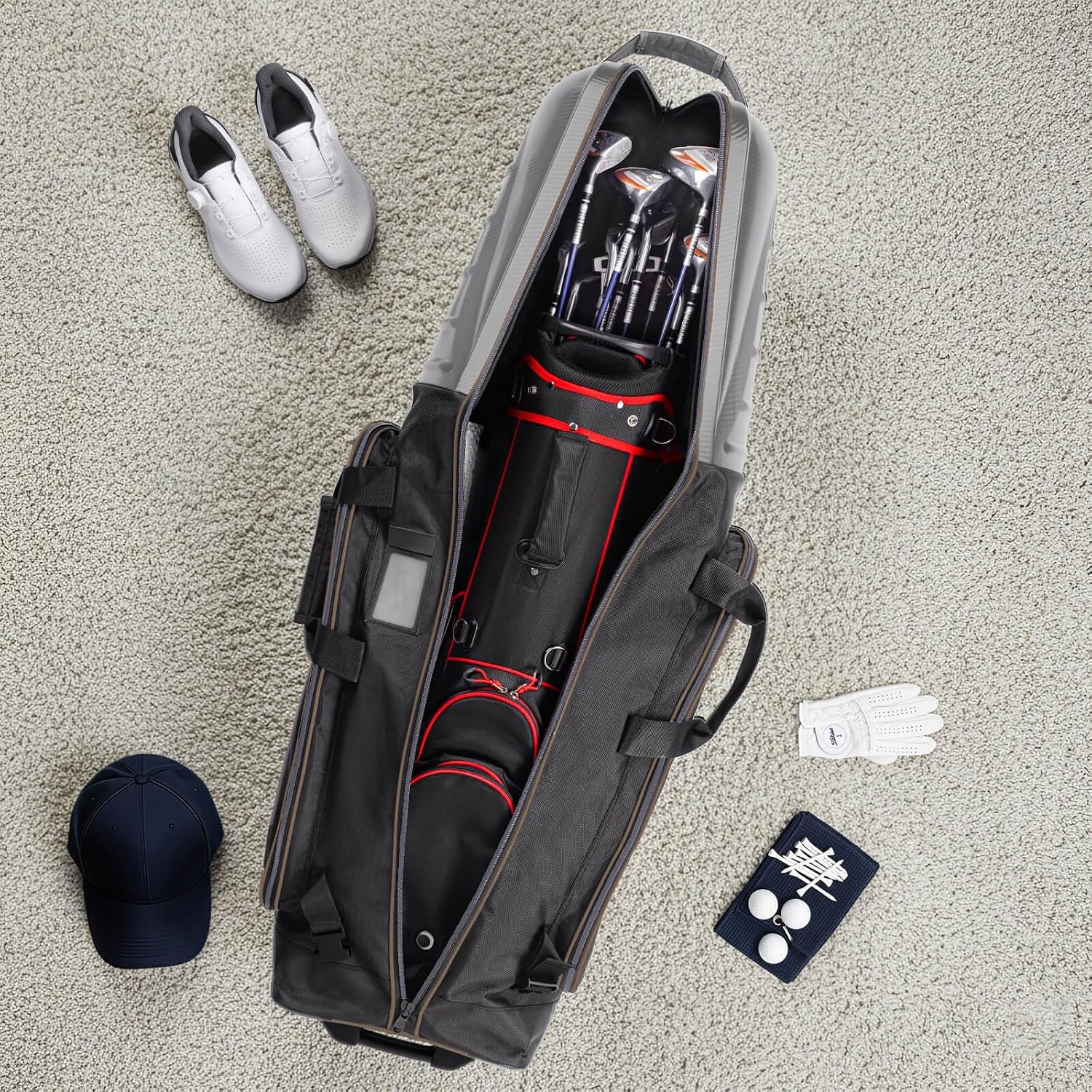 Golf Travel Bags for Airlines with Carbon Fiber Hard Top, Protective Club Traveling Cover with Wheel, Golf Club Carrier Case for Airplanes, Thick Padding, Durable Zippers and 2 Sided Spacious Pockets