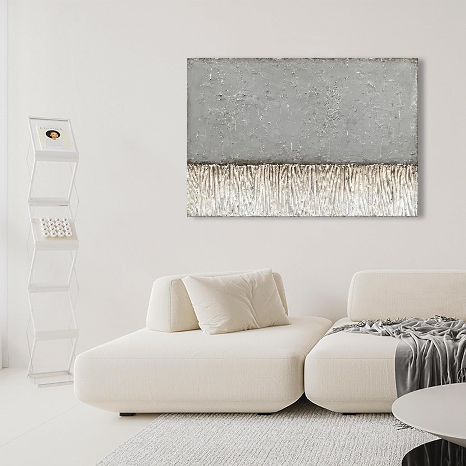 NANKAI Art Hand-painted White and Grey Minimalist Oil painting Large Canvas Painting Modern Abstract art home wall Decoration Painting 30x45 inches