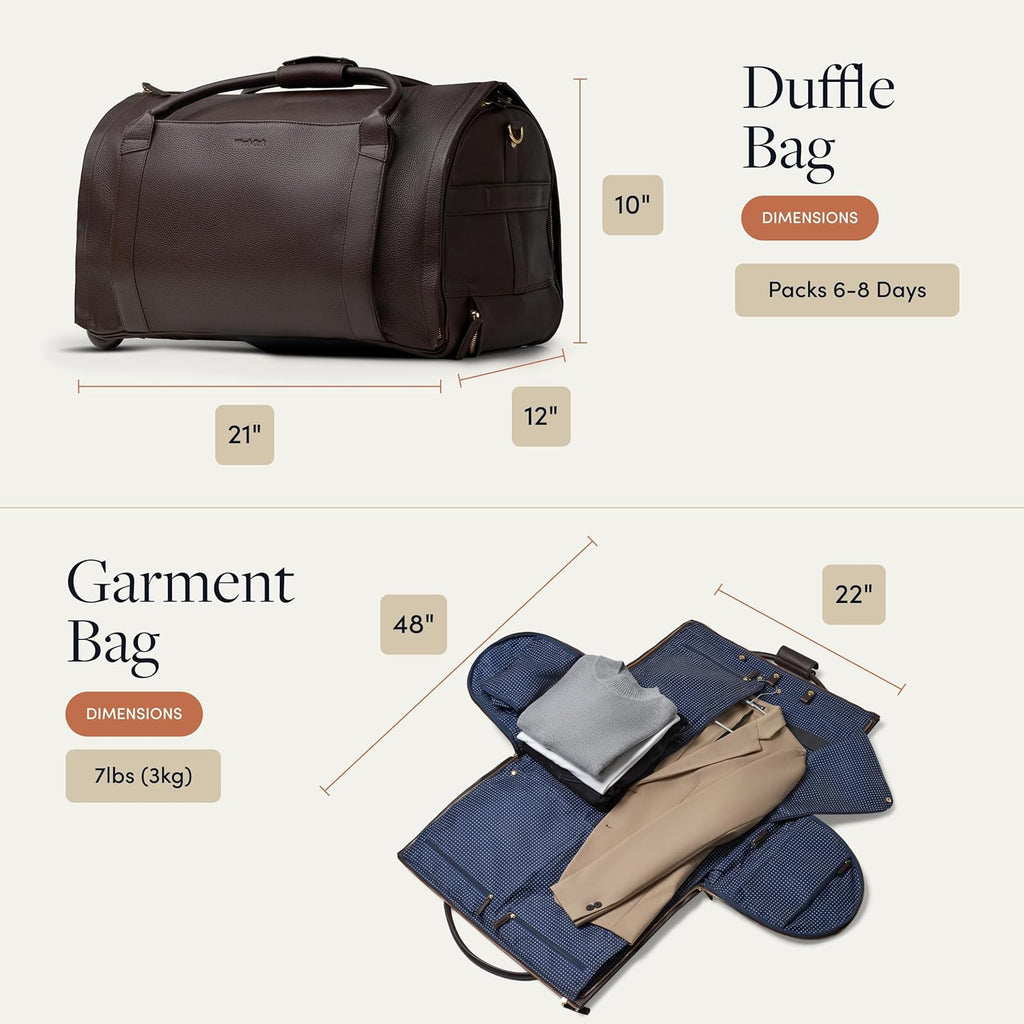 Wool & Oak - NOVA Large Duffle Bag with Wheels - Carry On Garment Duffle Bags for Travel, Overnight, Hospital, Travel Bags for Women & Men with Shoe Compartment & Tech Pocket (Leather, Chocolate)