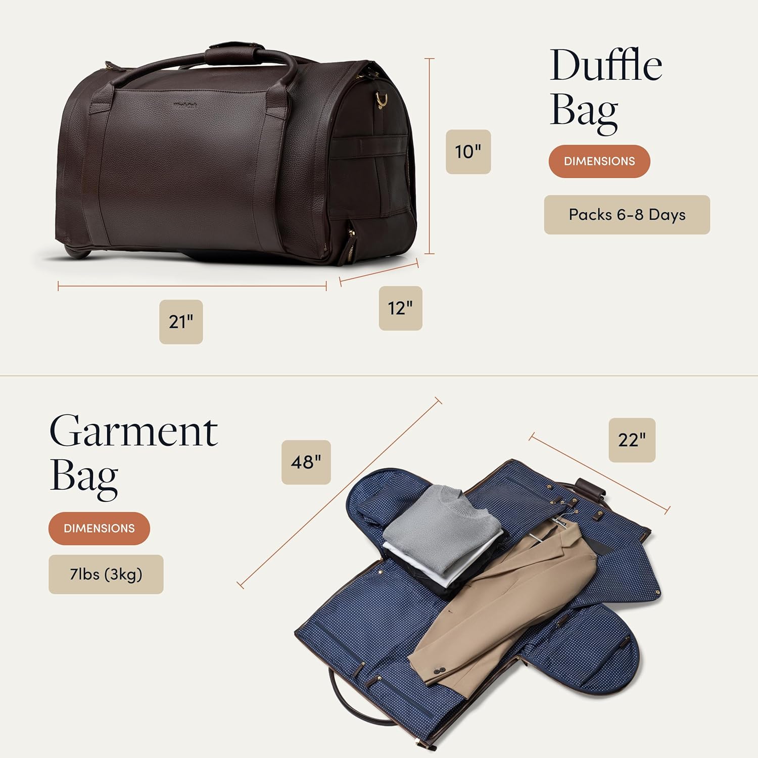 Wool & Oak - NOVA Large Duffle Bag with Wheels - Carry On Garment Duffle Bags for Travel, Overnight, Hospital, Travel Bags for Women & Men with Shoe Compartment & Tech Pocket (Leather, Chocolate)