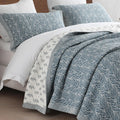 SahSahCasa Quilt Set King Size, 100% Cotton Quilt Bedding Set Bedspread, Botanical Pattern Solid Color Chic Lightweight Quilted Comforter for King Bed, White/Grayish-Blue, All Season, 3 Pieces