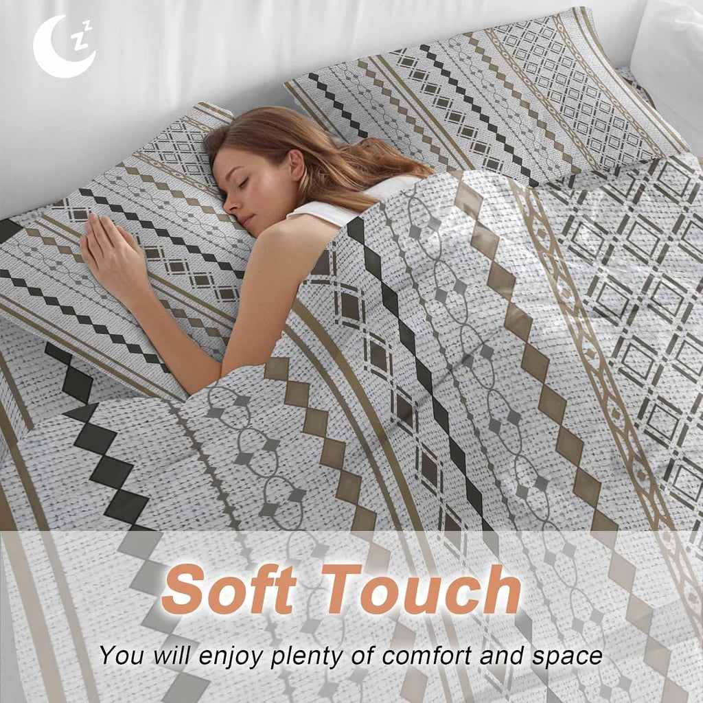 Bohemia Geometric Duvet Cover Set Queen Size 4 Pieces Brown Stripes Diamond Ethnic Linen Texture Bedding Set with Zipper Closure, 1 Comforter Cover 90x92 Inches 1 Flat Sheet & 2 Pillow Cases