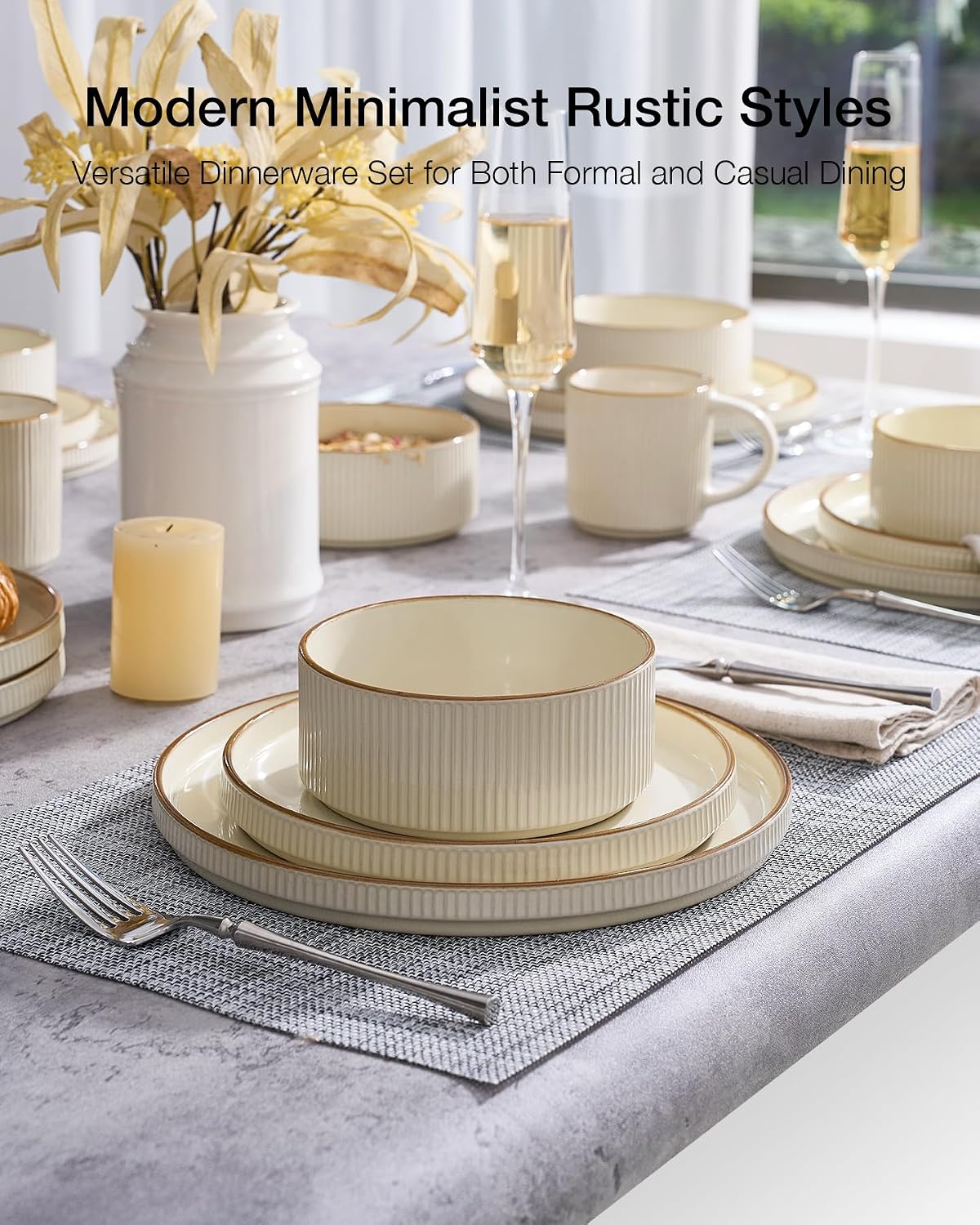 Famiware Star 24-Piece Stoneware Dinnerware Sets with Trim, Service for 8 - Ceramic Plates and Bowls Set, Ribbed Dishes with High Edge, Chip & Scratch Resistant, Microwave & Dishwasher Safe, Cream
