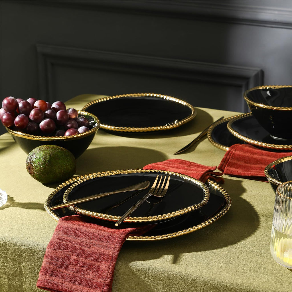Christian Siriano Akoya Porcelain Dinnerware Set, 24-Piece - Dish Set for 8, Plates and Bowls Set, Black and Gold