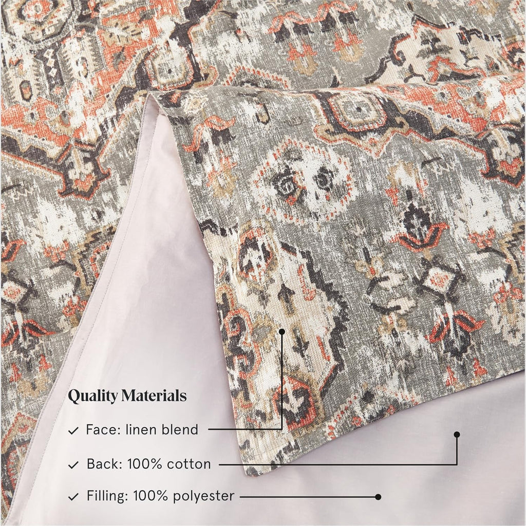 HiEnd Accents Carmen Kilim 2 Piece Comforter Set with Pillow Shams, Gray Medallion Pattern, Twin Size, Classic Traditional Modern Rustic Bedding Set, Linen Comforter with 1 Pillowcase