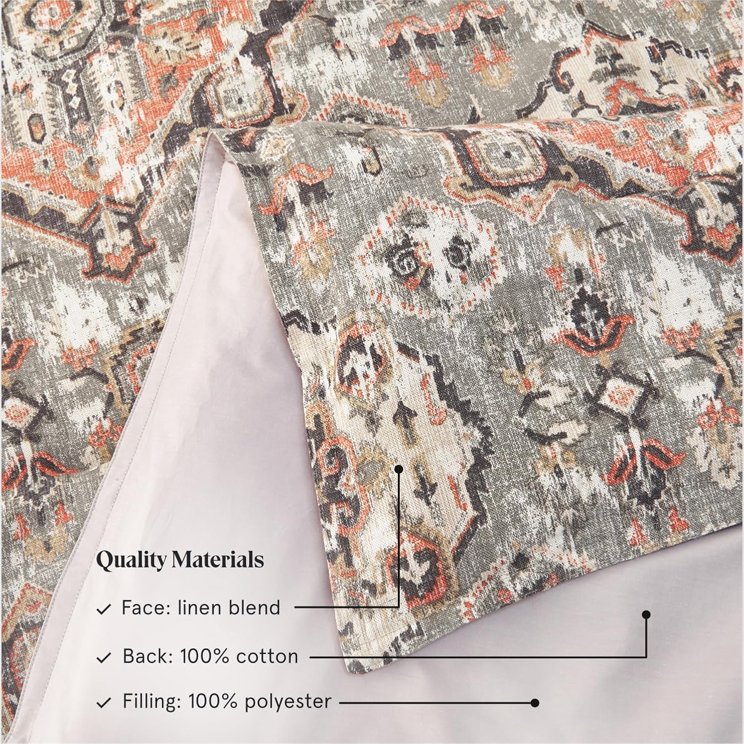 HiEnd Accents Carmen Kilim 2 Piece Comforter Set with Pillow Shams, Gray Medallion Pattern, Twin Size, Classic Traditional Modern Rustic Bedding Set, Linen Comforter with 1 Pillowcase