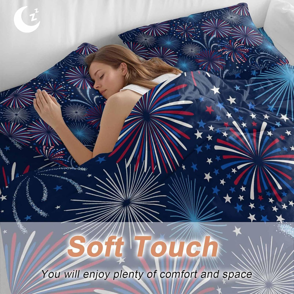 Independence Day Firework Duvet Cover Set Queen Size 4 Pieces Patriotic Red Blue Firework Dark Blue Bedding Set with Zipper Closure, 1 Comforter Cover 86x86 Inches 1 Flat Sheet & 2 Pillow Cases