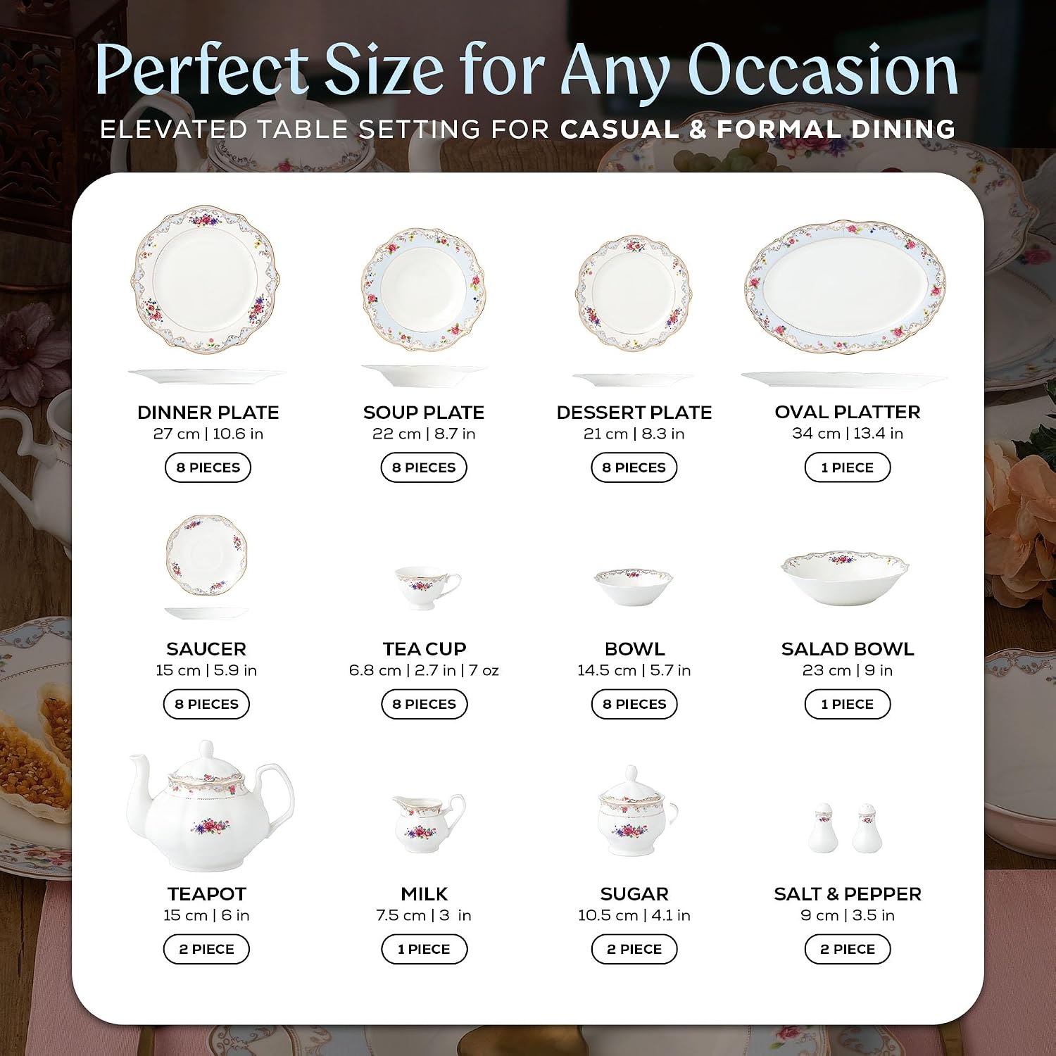Joseph Sedgh Collection 'Romantic Bloom' 57-Piece Bone China Dinnerware Set, Service for 8, Floral with Blue and Gold Trim