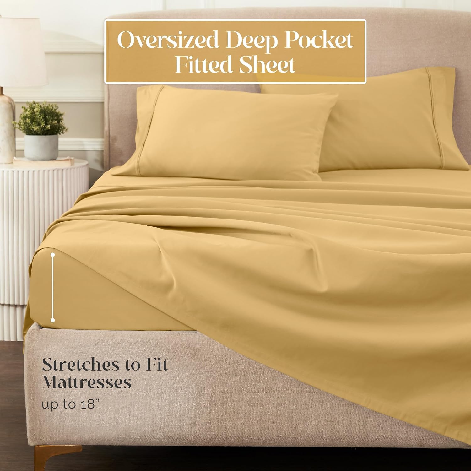 Superior 1200 Thread Count Egyptian Cotton Sheet Set, Bedroom Sheets, Modern Home Essentials, Luxury Bedding, 1 Elastic Deep Pocket Fitted Bed Sheet, 1 Flat Sheet, 2 Pillowcases, King, Gold