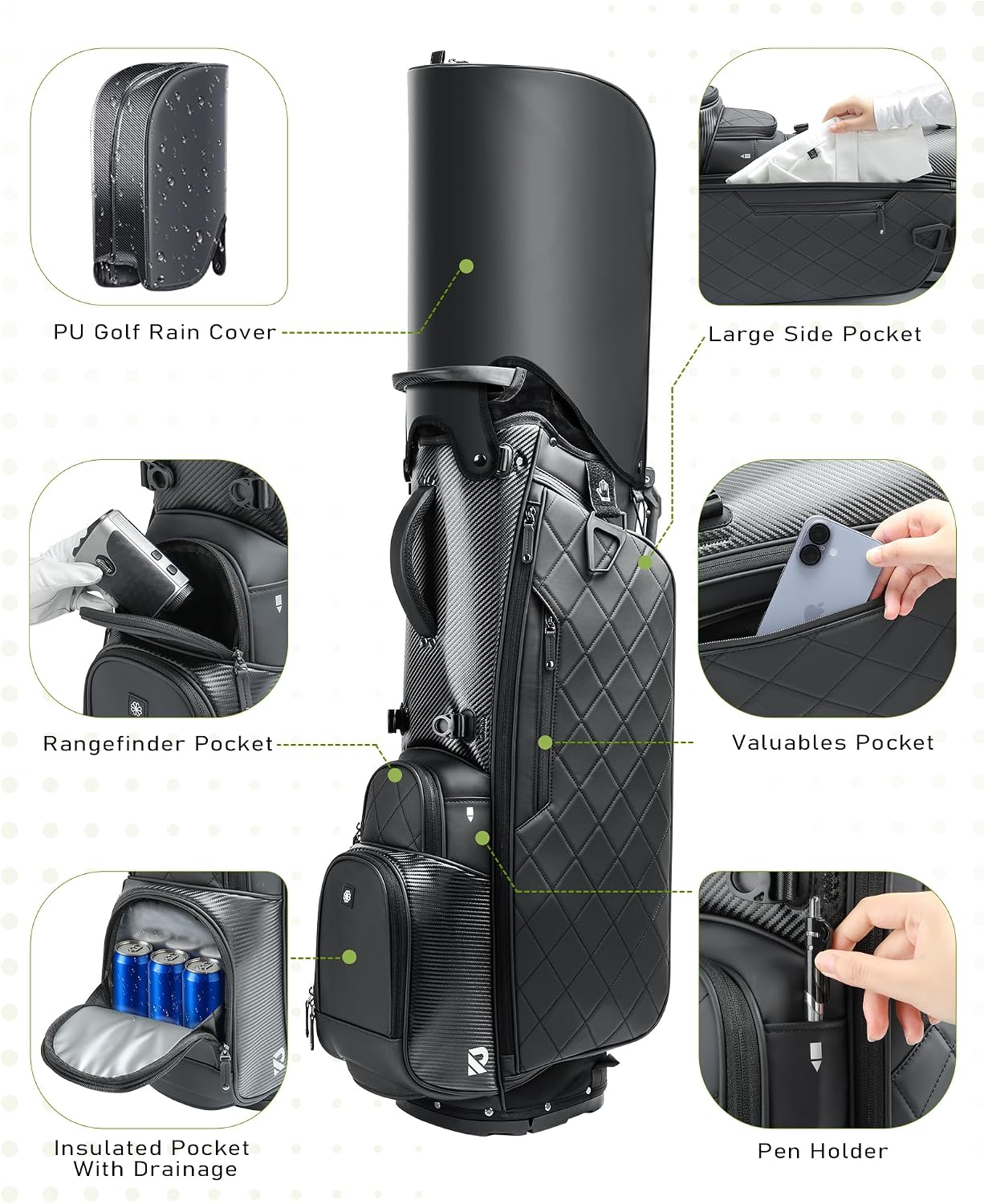 14 Way Golf Stand Bag, Full Length Dividers PU Leather Golf Bag with Plush Top for Men/Women, Waterproof & Versatile Storage Golf Bag with Cooler, Rain Cover and Removable Straps