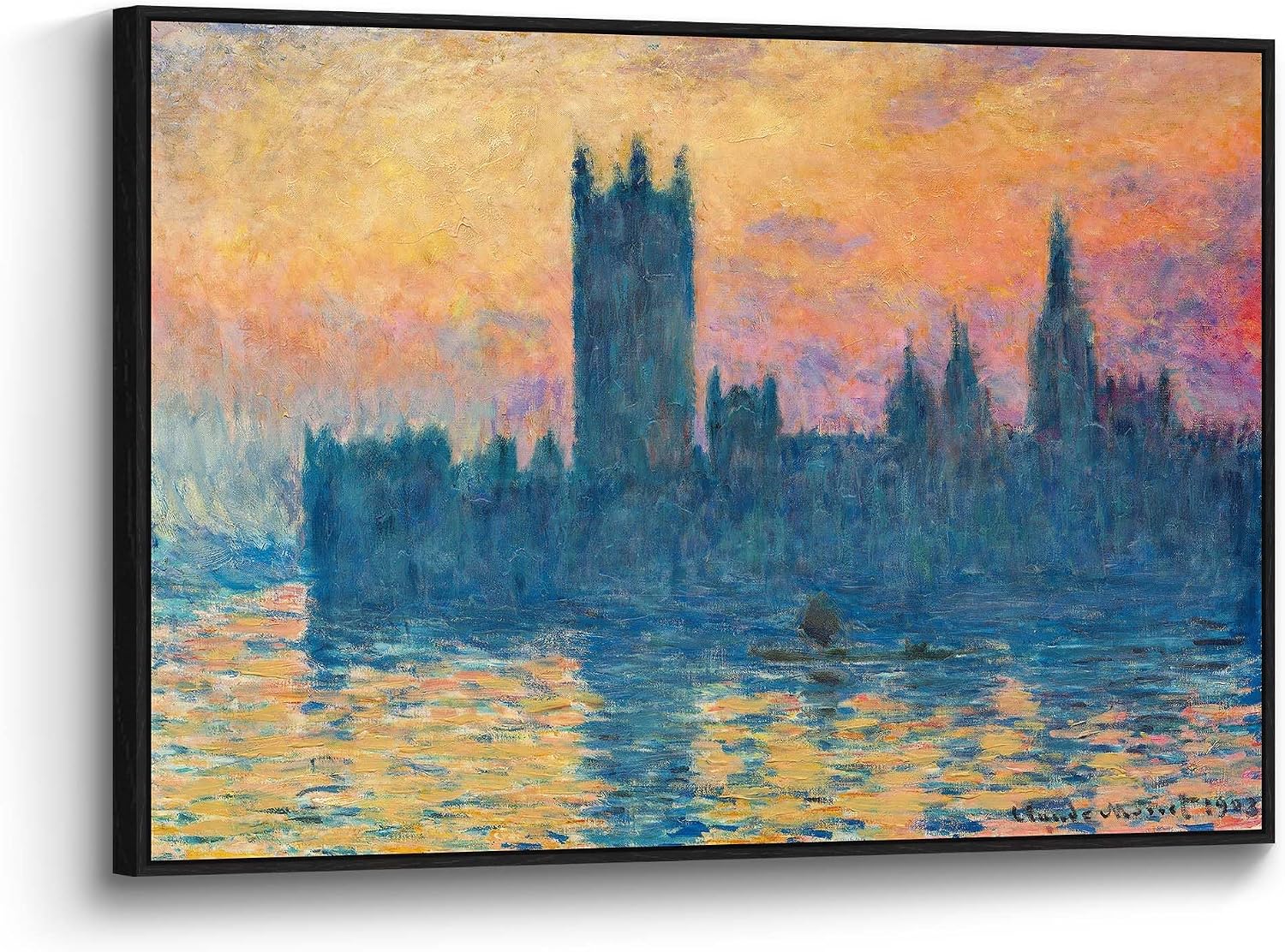 Framed Lake Canvas Wall Art: Claude Monet Sunset The Houses of Parliament Painting Picture Textured Abstract Building Print Decor Bedroom Living Room Artwork