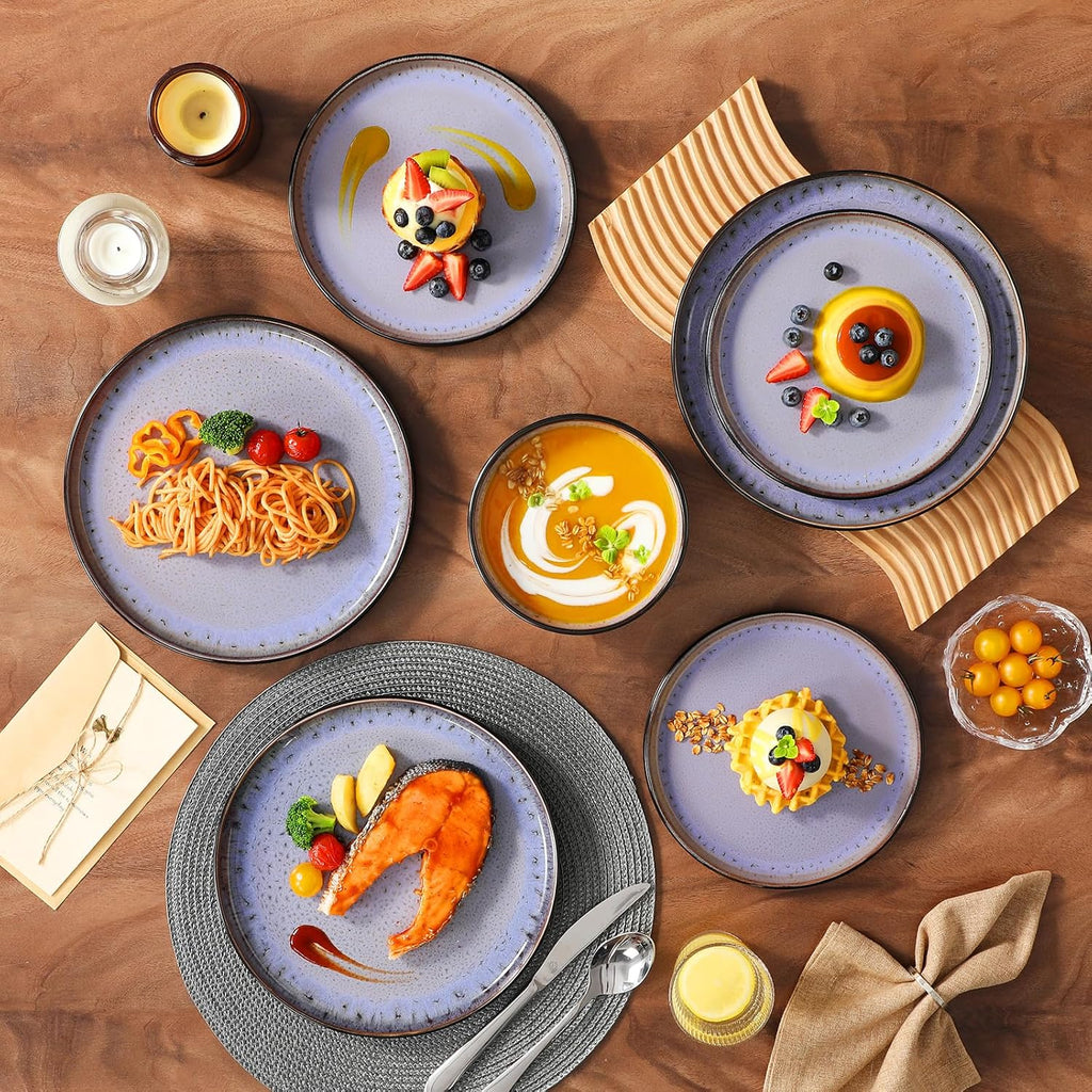 vancasso Plates and Bowls Sets, 24 Pieces Stoneware Dinnerware Sets for 8, Kitchen Dish Set Mircowave and Dishwasher Safe Ceramic Dishware, Purple, Series AMBER