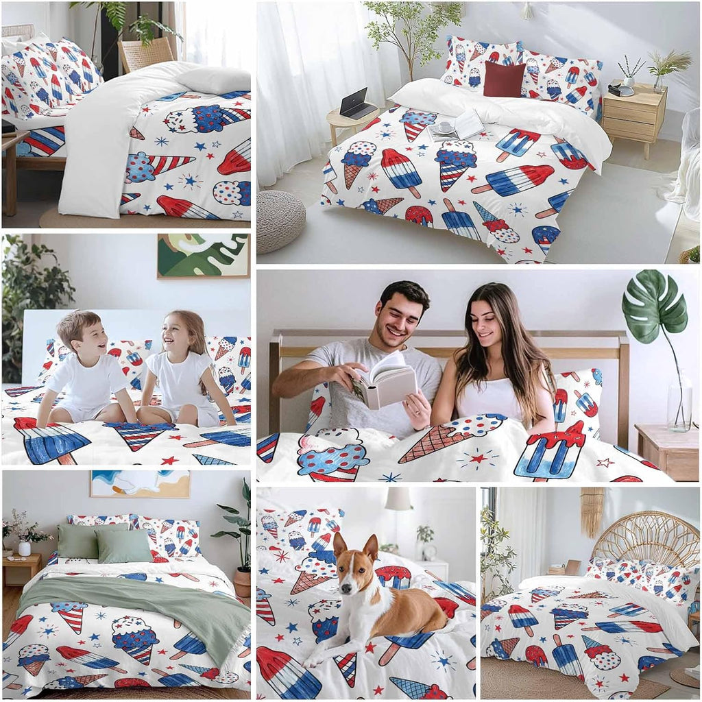 Prime Leader Red Blue Ice Cream Duvet Cover Set Queen Size 4 Pieces Independence Day Watercolor Ice Cream Bedding Set with Zipper Closure, 1 Comforter Cover 86x86 Inches 1 Flat Sheet & 2 Pillow Cases