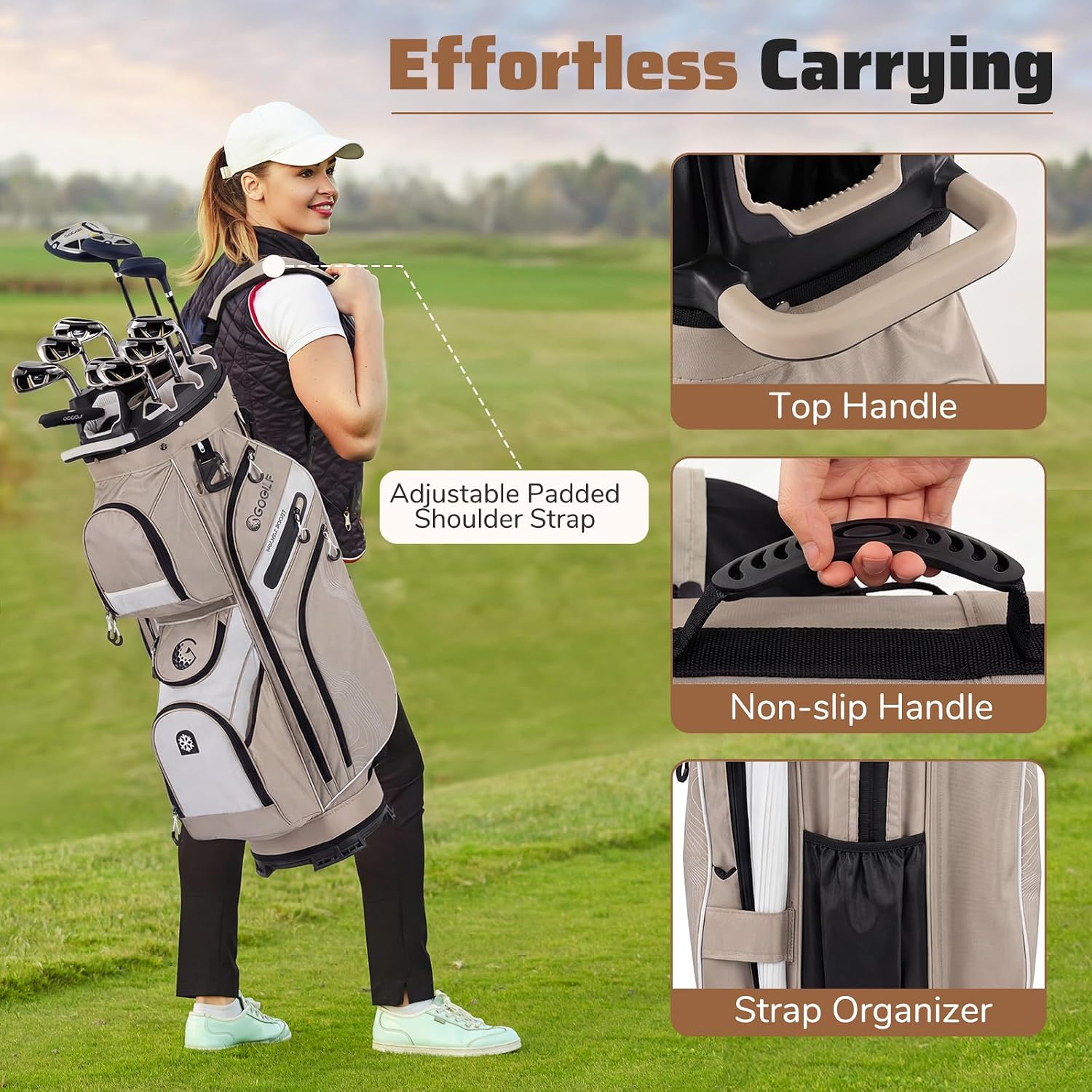 Goplus Lightweight Golf Cart Bag, Molded Lock Top Golf Club Bag w/14-Way Full Length Organizer Dividers, 11 Pockets, Cooler Bag, Straps, Umbrella Holder & Rain Hood for Men Women