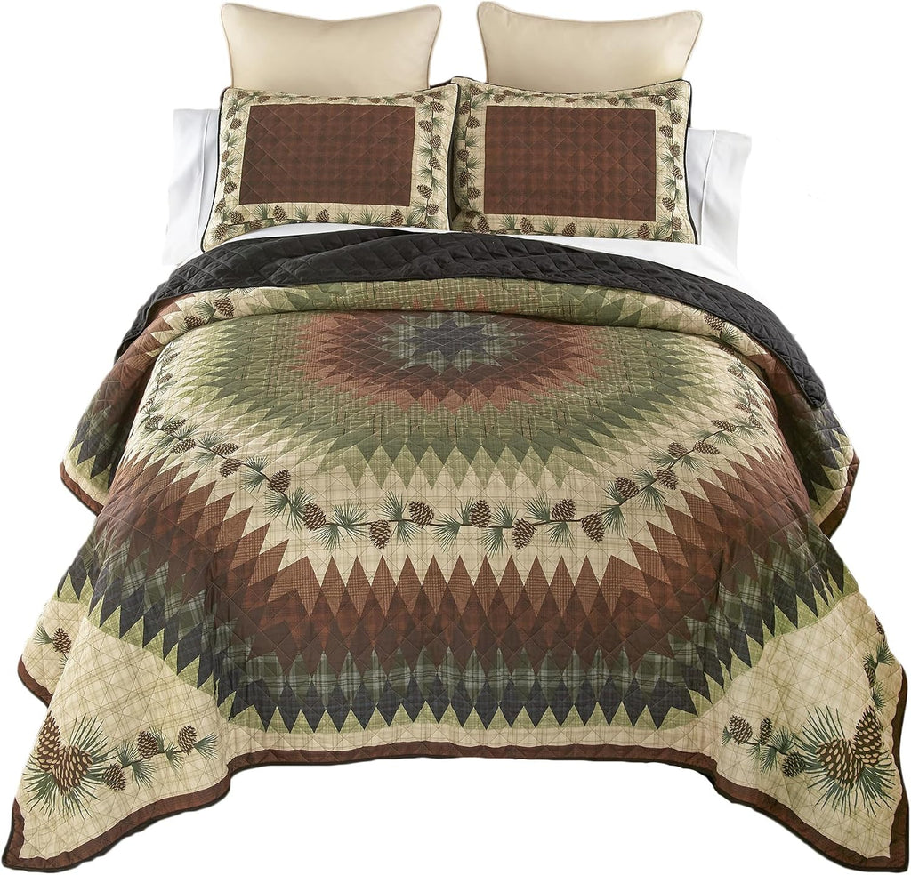 Donna Sharp Pine Circle Polyester Quilted Bedding Set - 3-Piece King Size Quilt Set - Includes 1 Quilt and 2 King Pillow Shams - Machine Washable - Traditional Design