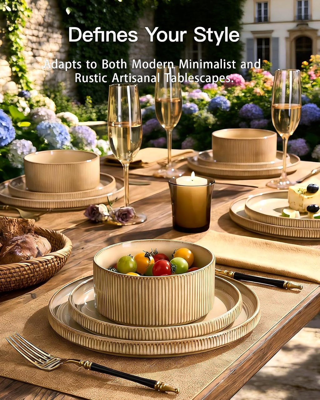 24-Piece Dinnerware Set Service for 8, Famiware Premium Stoneware Dish Set with Ribbed Plates and Deep Bowls, Double Reactive Glaze, Chip & Scratch Resistant, Microwave & Dishwasher Safe, Cream