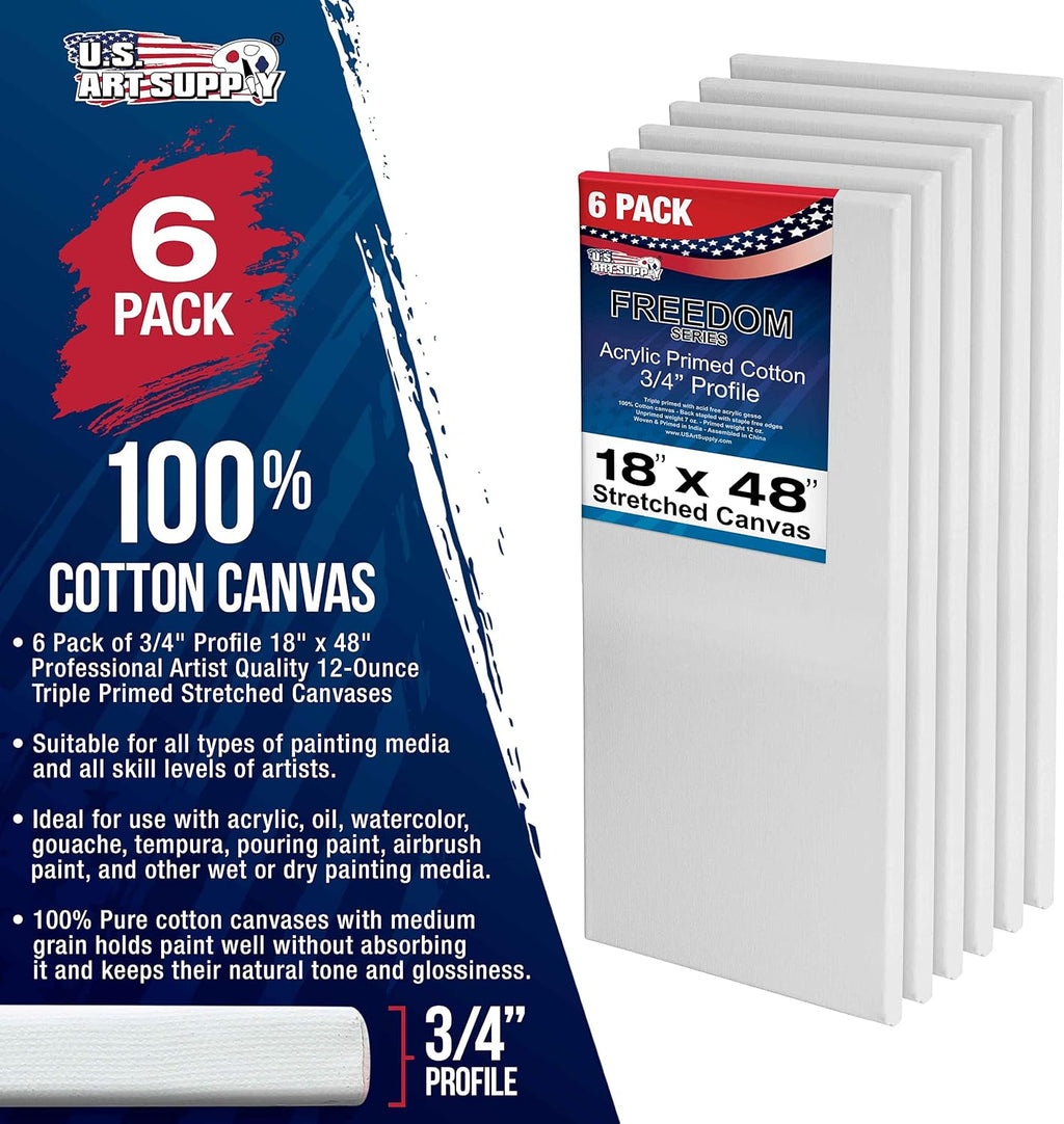 U.S. Art Supply 18 x 48 inch Stretched Canvas 12-Ounce Primed 6-Pack - Professional White Blank 3/4' Profile Heavy-Weight Gesso Acid Free Bulk Pack - Painting, Acrylic Pouring, Oil Paint
