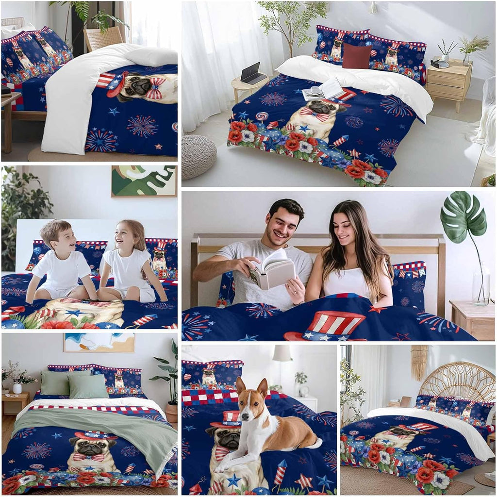 Independence Day Duvet Cover Set Queen Size 4 Pieces Cartoon Pug Dog Cute Puppy Colorful Poppy Bedding Set with Zipper Closure, 1 Comforter Cover 86x86 Inches 1 Flat Sheet & 2 Pillow Cases