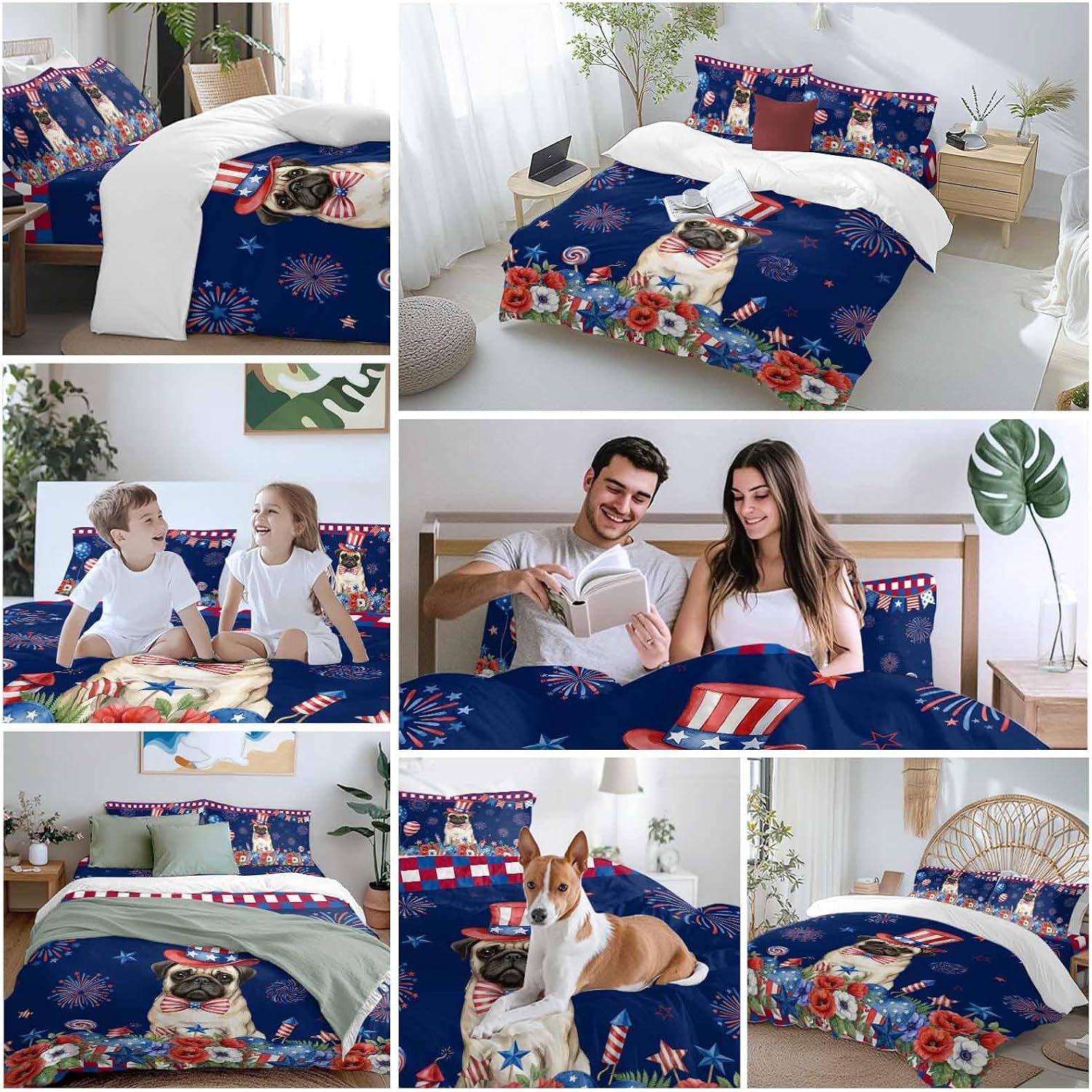 Independence Day Duvet Cover Set Queen Size 4 Pieces Cartoon Pug Dog Cute Puppy Colorful Poppy Bedding Set with Zipper Closure, 1 Comforter Cover 86x86 Inches 1 Flat Sheet & 2 Pillow Cases
