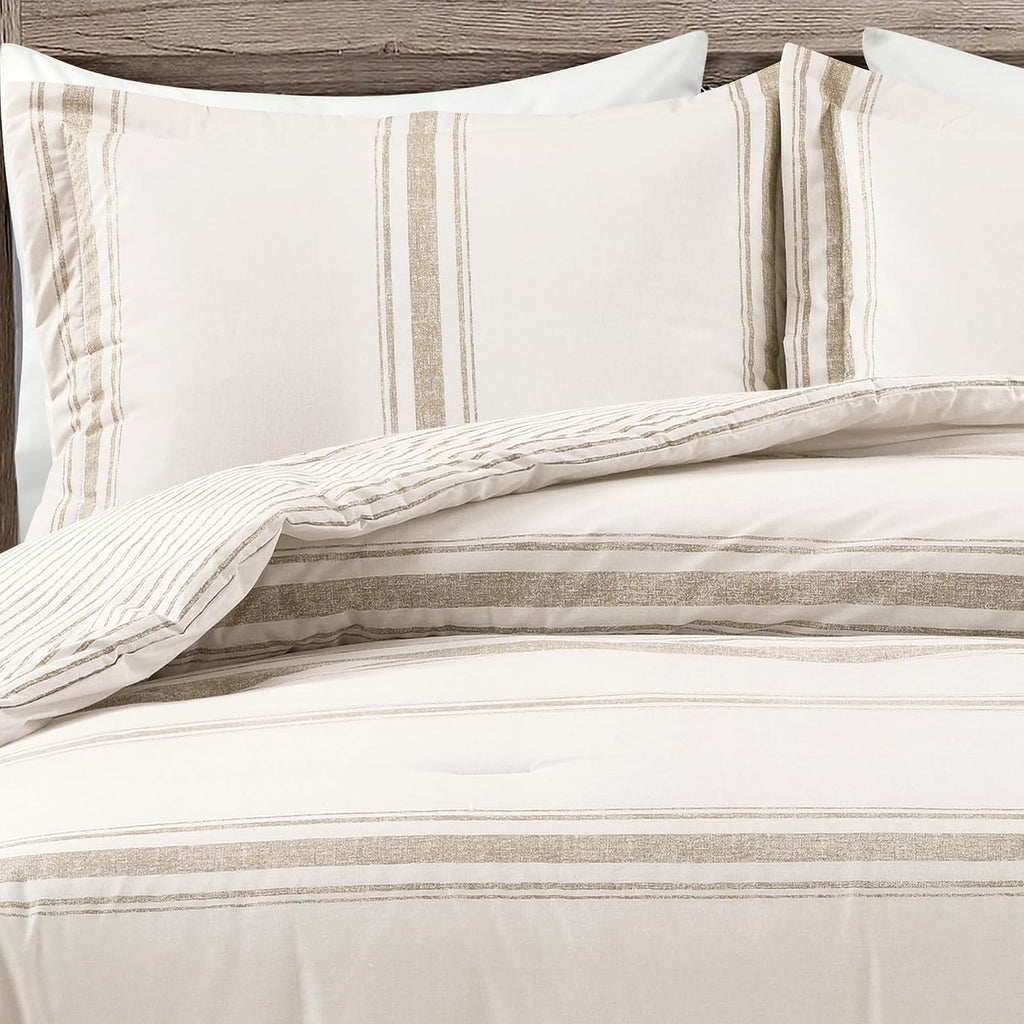 Lush Decor Farmhouse Stripe Reversible Cotton Comforter Set, 3 Piece Set, Full/ Queen, Neutral - Cozy Farmhouse Bedding Set - Rustic Decor - Striped Comforter - Modern Farmhouse Bedroom Decor