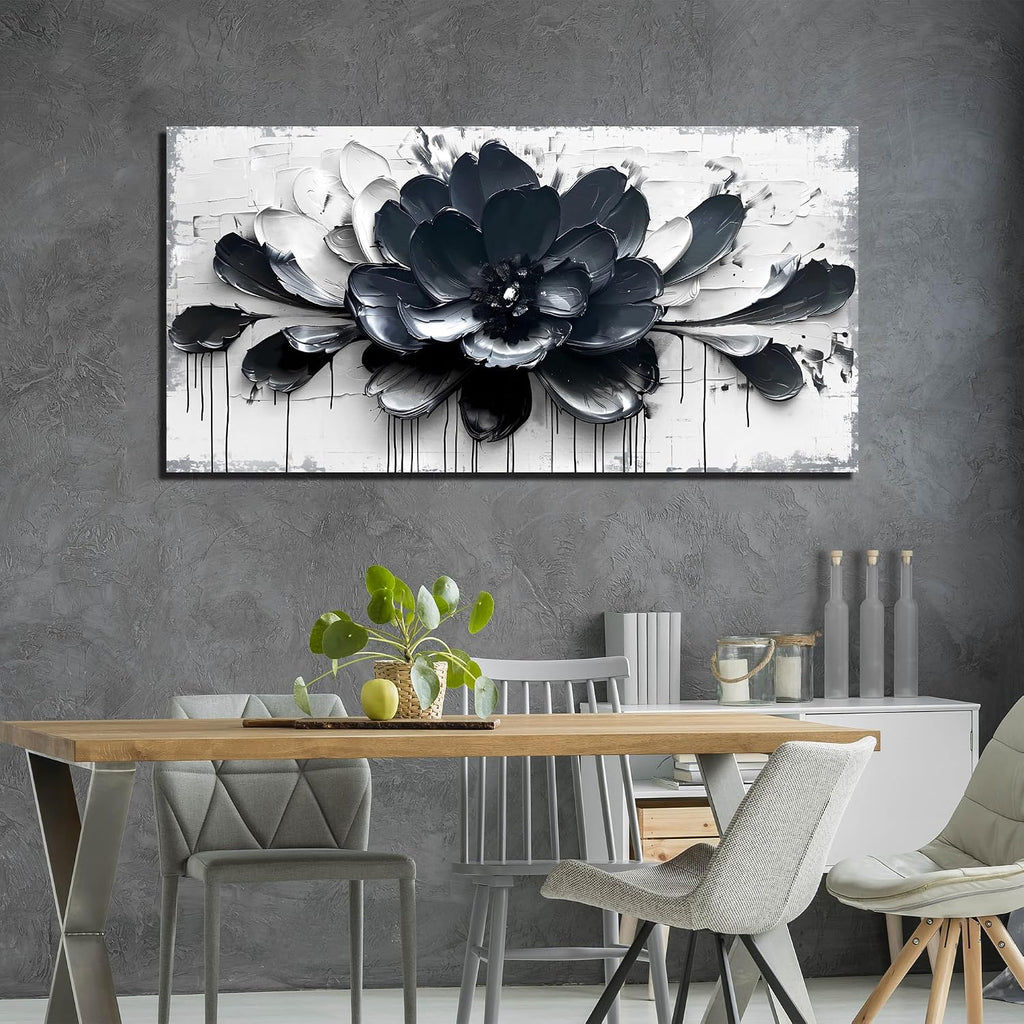 GUGIKA Flower Wall Art for Bedroom, Blue Black and White Canvas Wall-Decor for Lving Room, Floral Picture Print Artwork for Office, Large Size 59 x 29 Inches