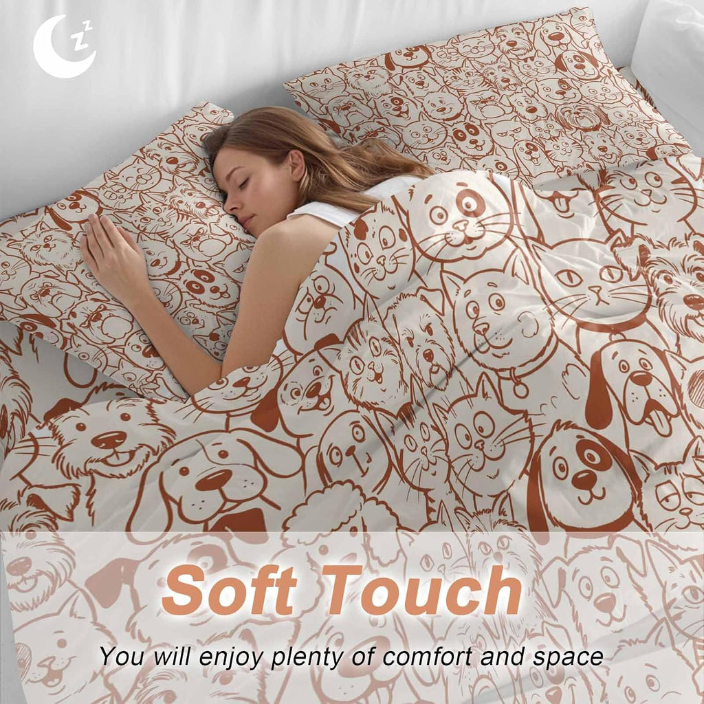 Cartoon Cat Duvet Cover Set Queen Size 4 Pieces Cute Dog Vintage Brown Line Animal Abstract Puppy Bedding Set with Zipper Closure, 1 Comforter Cover 90x92 Inches 1 Flat Sheet & 2 Pillow Cases