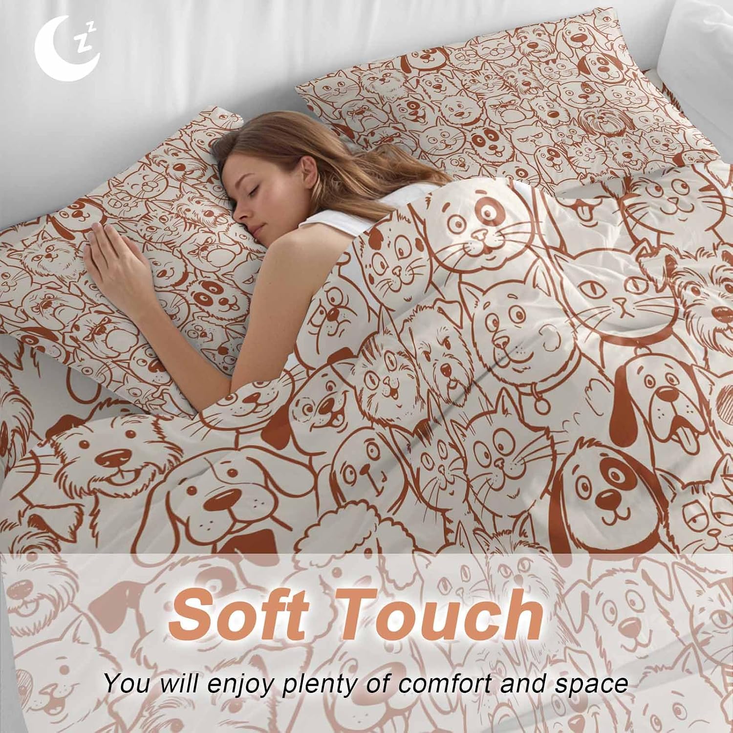 Cartoon Cat Duvet Cover Set Queen Size 4 Pieces Cute Dog Vintage Brown Line Animal Abstract Puppy Bedding Set with Zipper Closure, 1 Comforter Cover 90x92 Inches 1 Flat Sheet & 2 Pillow Cases