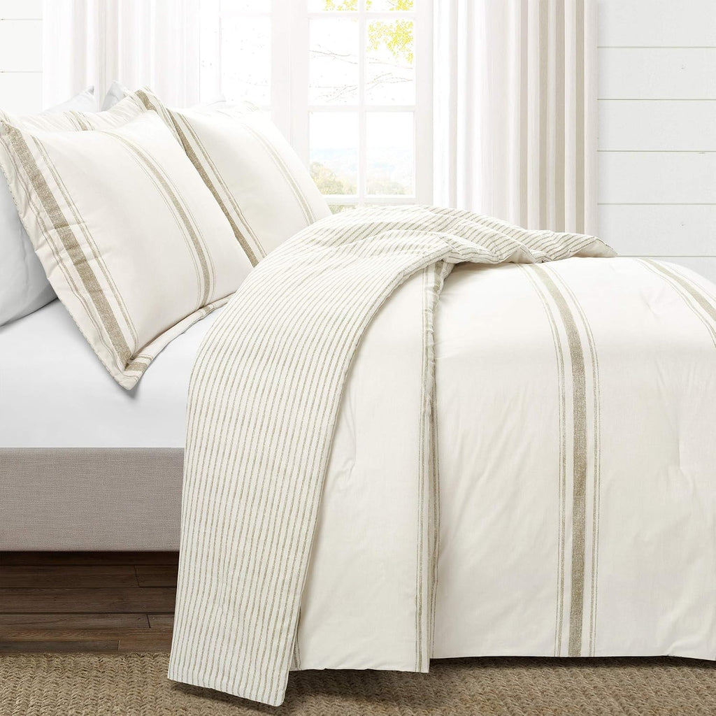 Lush Decor Farmhouse Stripe Reversible Cotton Comforter Set, 3 Piece Set, Full/ Queen, Neutral - Cozy Farmhouse Bedding Set - Rustic Decor - Striped Comforter - Modern Farmhouse Bedroom Decor