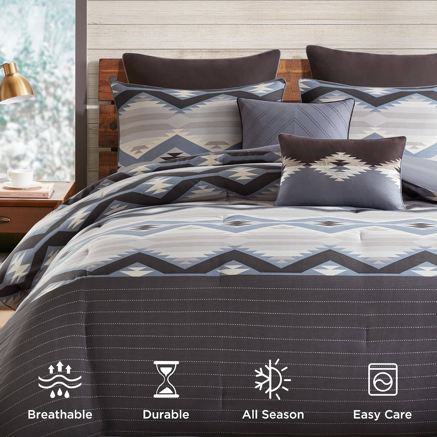 Woolrich King Comforter Set, Southwestern Aztec 8 Piece Bedding Set, Oversized All Season Down Alternative Comforter with Shams, Euro Shams, Decorative Pillows & Bedskirt, Rustic Cabin, Blue