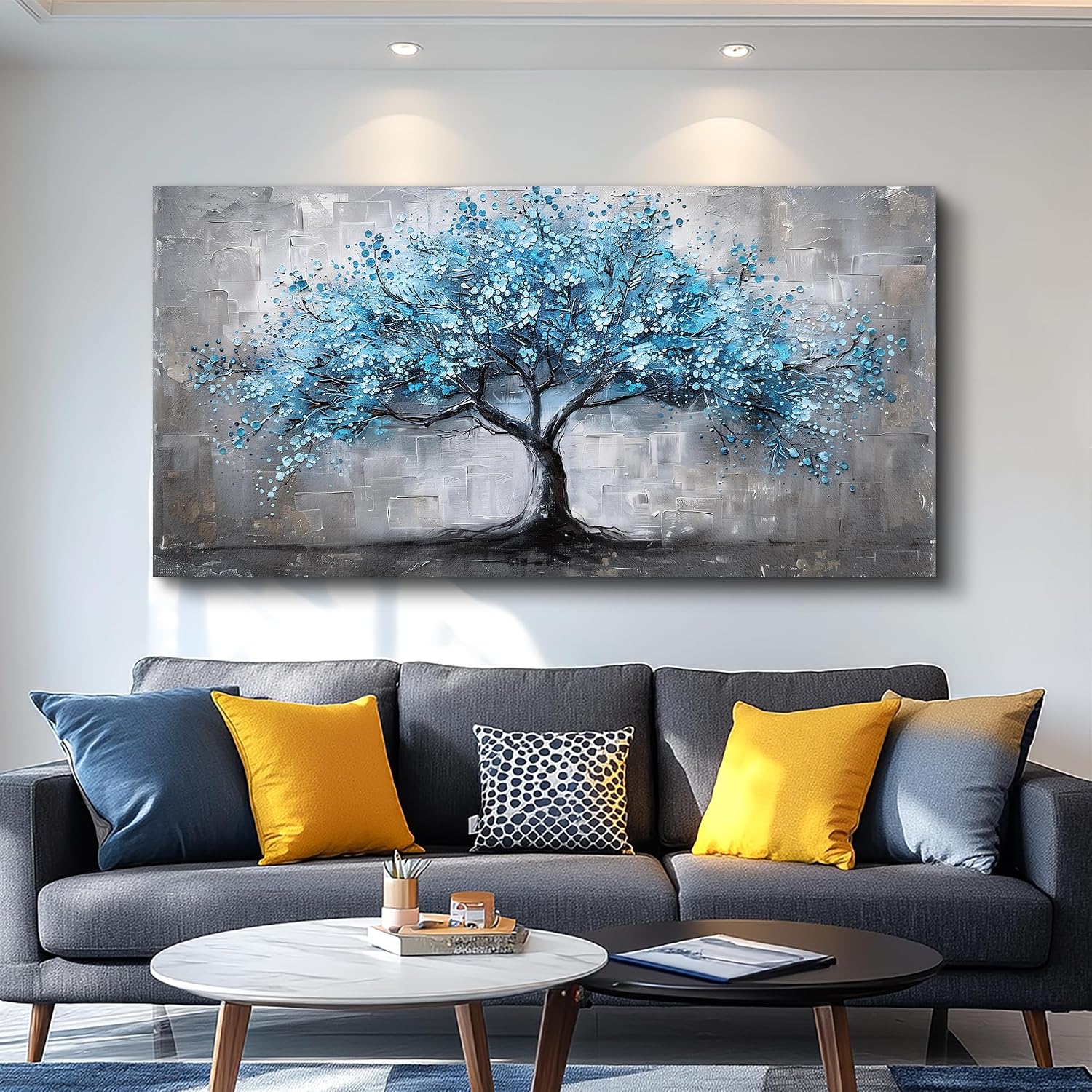 FUHAIHUA Canvas Wall Art For Living Room Large Wall Decor For Office Bedroom Decortions Black And White Pictures Blue Trees Wall Paintings Framed Mural Aesthetic Home Decor Posters Artwork 30x60 In