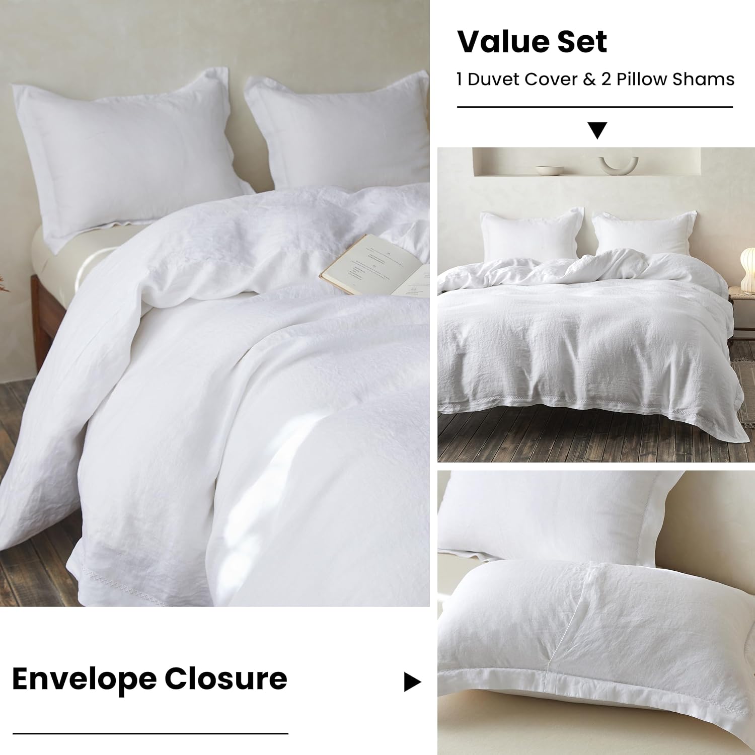 Simple&Opulence 100% Linen Duvet Cover Set with Crossed Embroidery Washed - 3 Pieces (1 Duvet Cover with 2 Pillow Shams) Soft Breathable Farmhouse - White, King Size